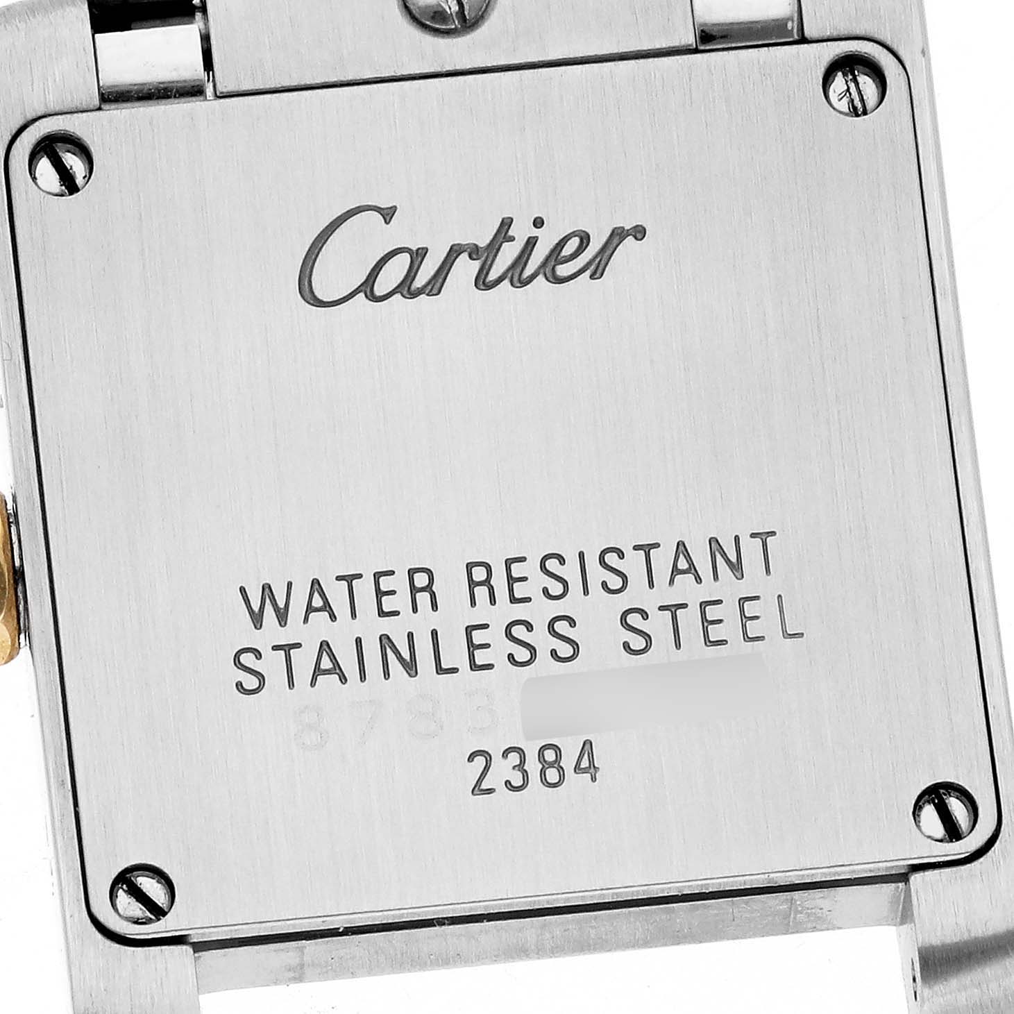This image shows the back case of a Cartier Tank Francaise W51007Q4 Women
s Stainless Steel Silver Dial W51007Q4 Women
s Stainless Steel Silver Dial watch, highlighting its stainless steel material and water resistance.