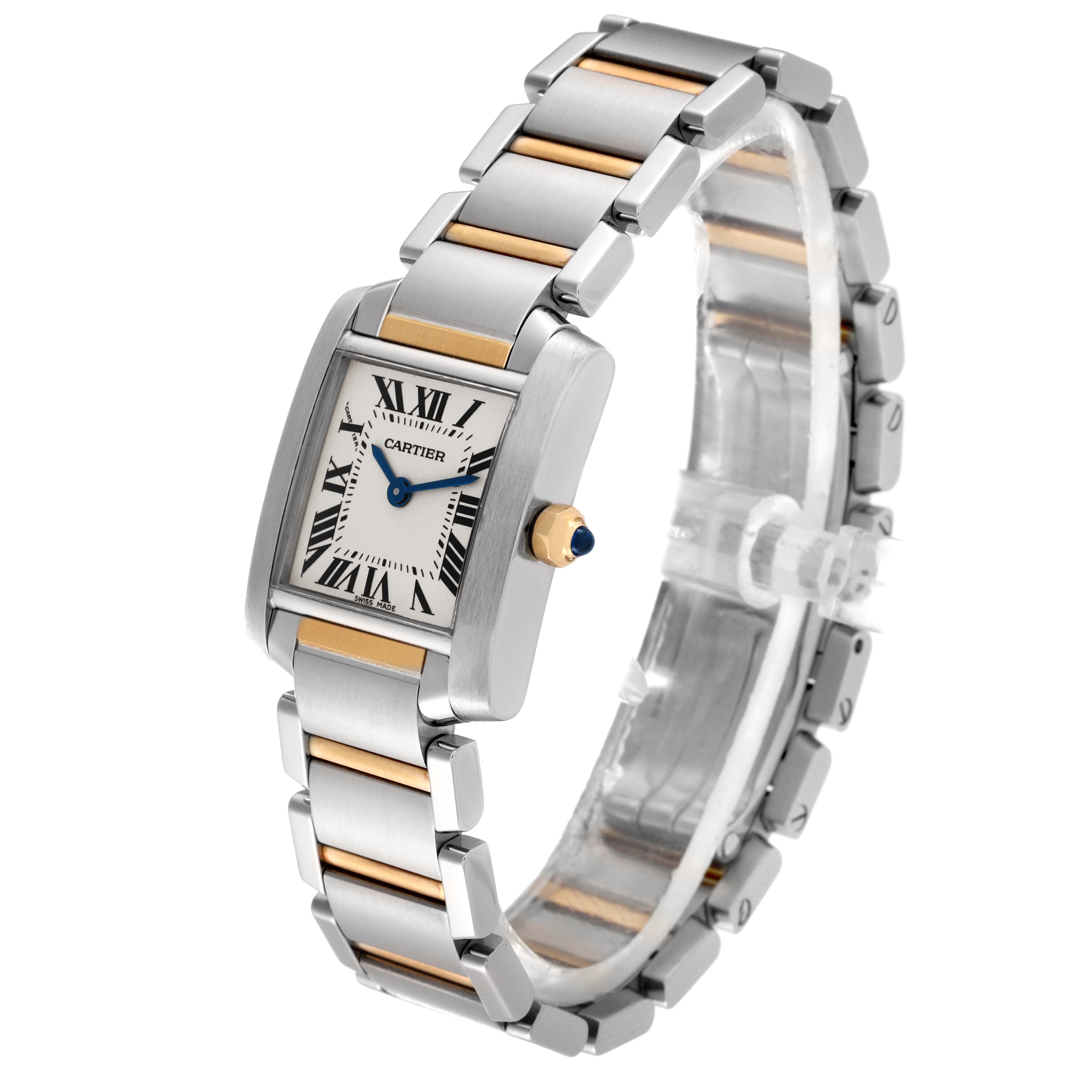 This Cartier Tank Francaise W51007Q4 Women
s Stainless Steel Silver Dial W51007Q4 Women
s Stainless Steel Silver Dial watch is shown at a slight angle, displaying its face, band, and crown.