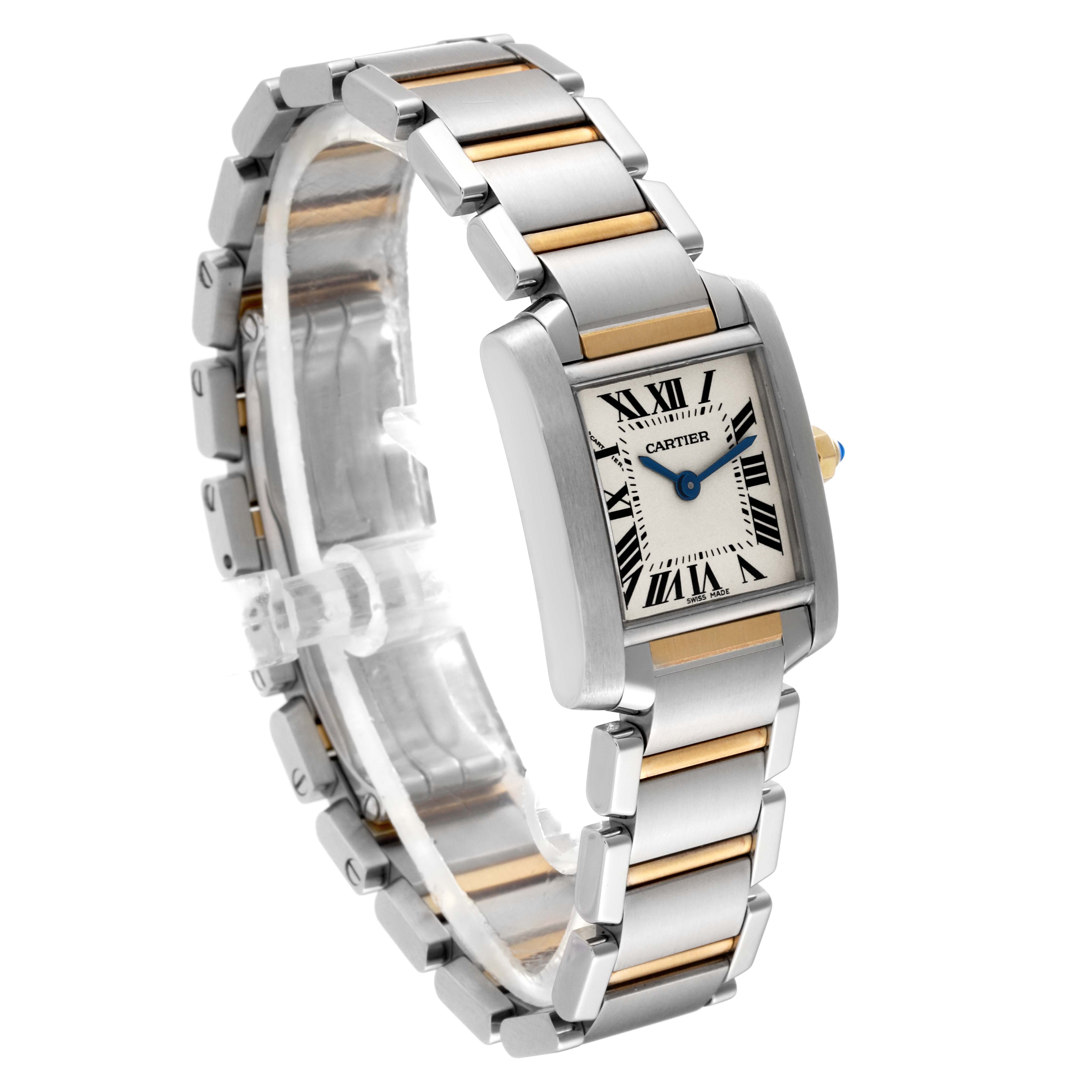 The image shows a Cartier Tank Francaise W51007Q4 Women
s Stainless Steel Silver Dial W51007Q4 Women
s Stainless Steel Silver Dial watch positioned at an angle, displaying its dial, bracelet, and crown.