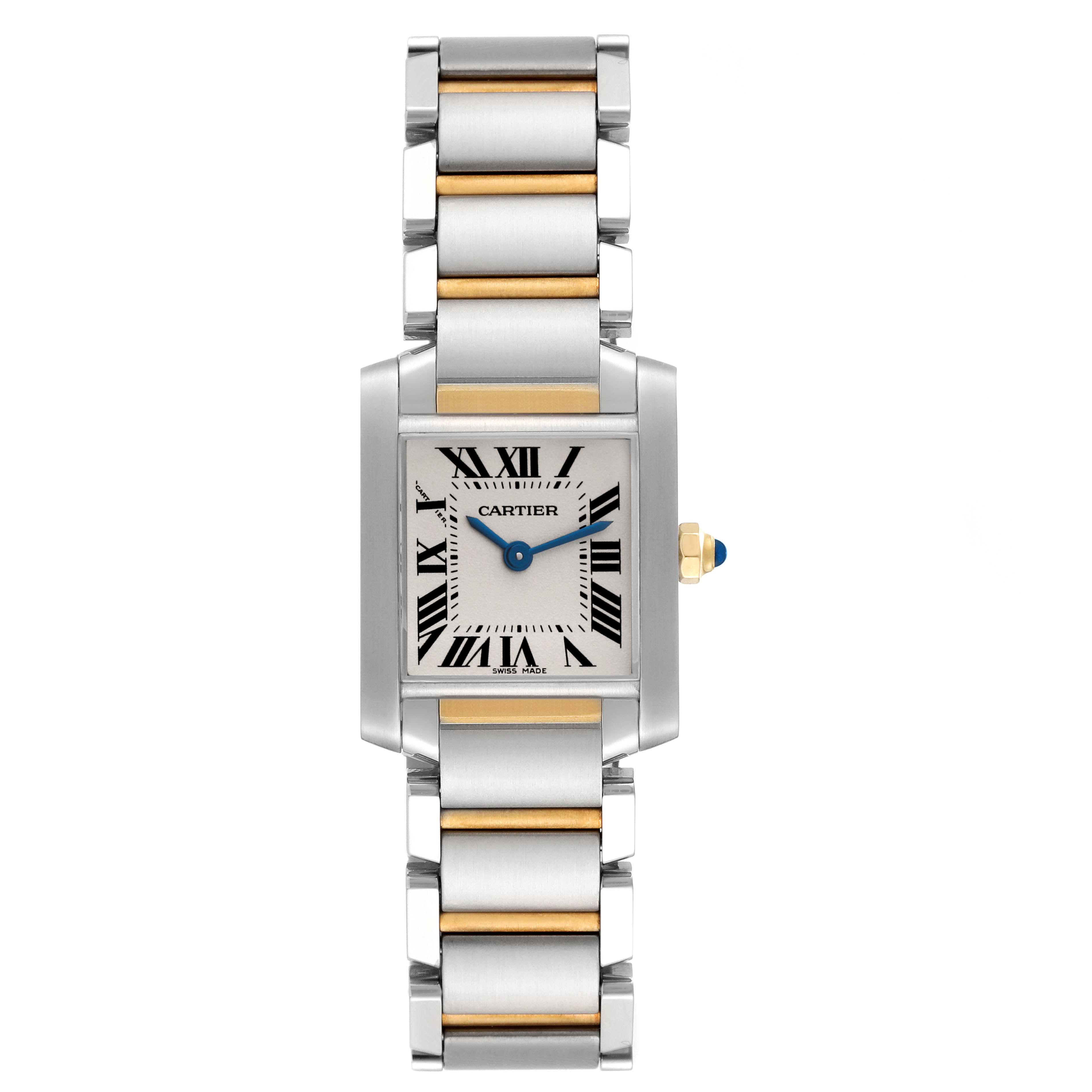 This image displays a full, frontal view of the Cartier Tank Française watch, highlighting its face, bracelet, and crown.