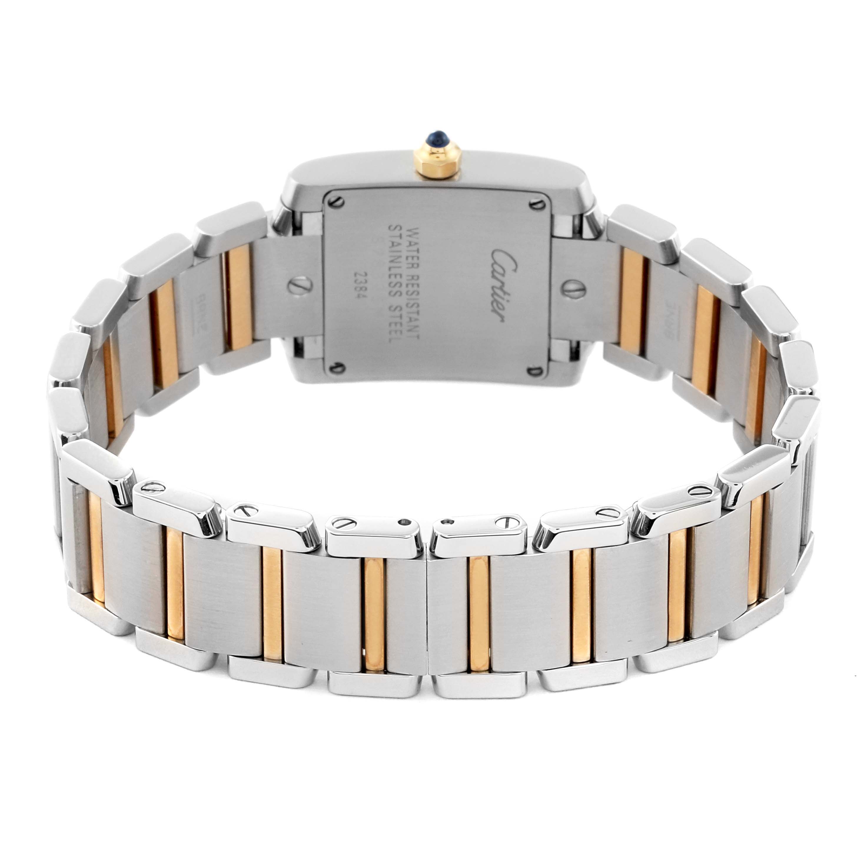 This image shows the back of a Cartier Tank Francaise W51007Q4 Women
s Stainless Steel Silver Dial W51007Q4 Women
s Stainless Steel Silver Dial watch, highlighting the stainless steel and gold bracelet.