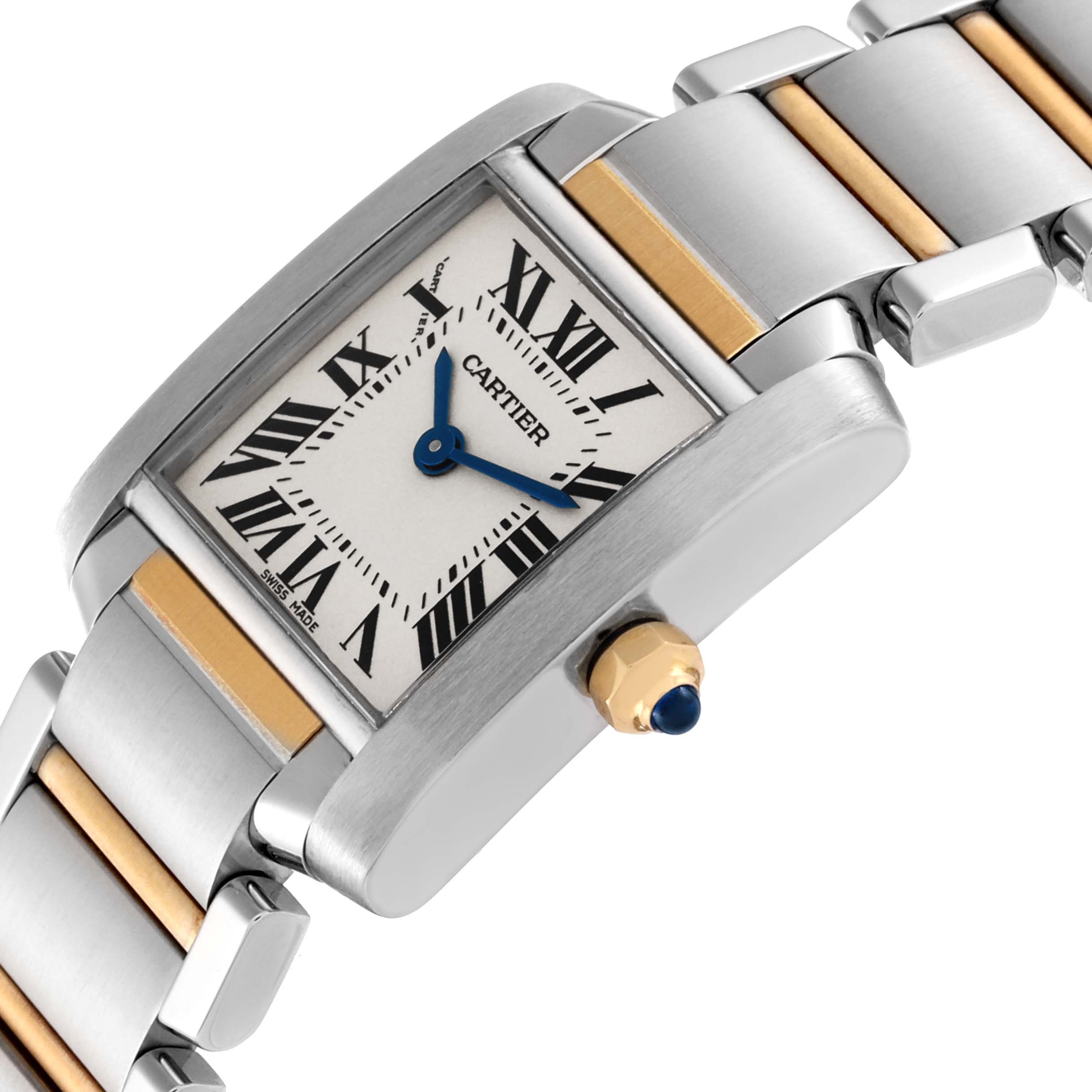 The Cartier Tank Francaise W51007Q4 Women
s Stainless Steel Silver Dial W51007Q4 Women
s Stainless Steel Silver Dial watch is shown at an angle, displaying the dial, bezel, crown, and part of the bracelet.