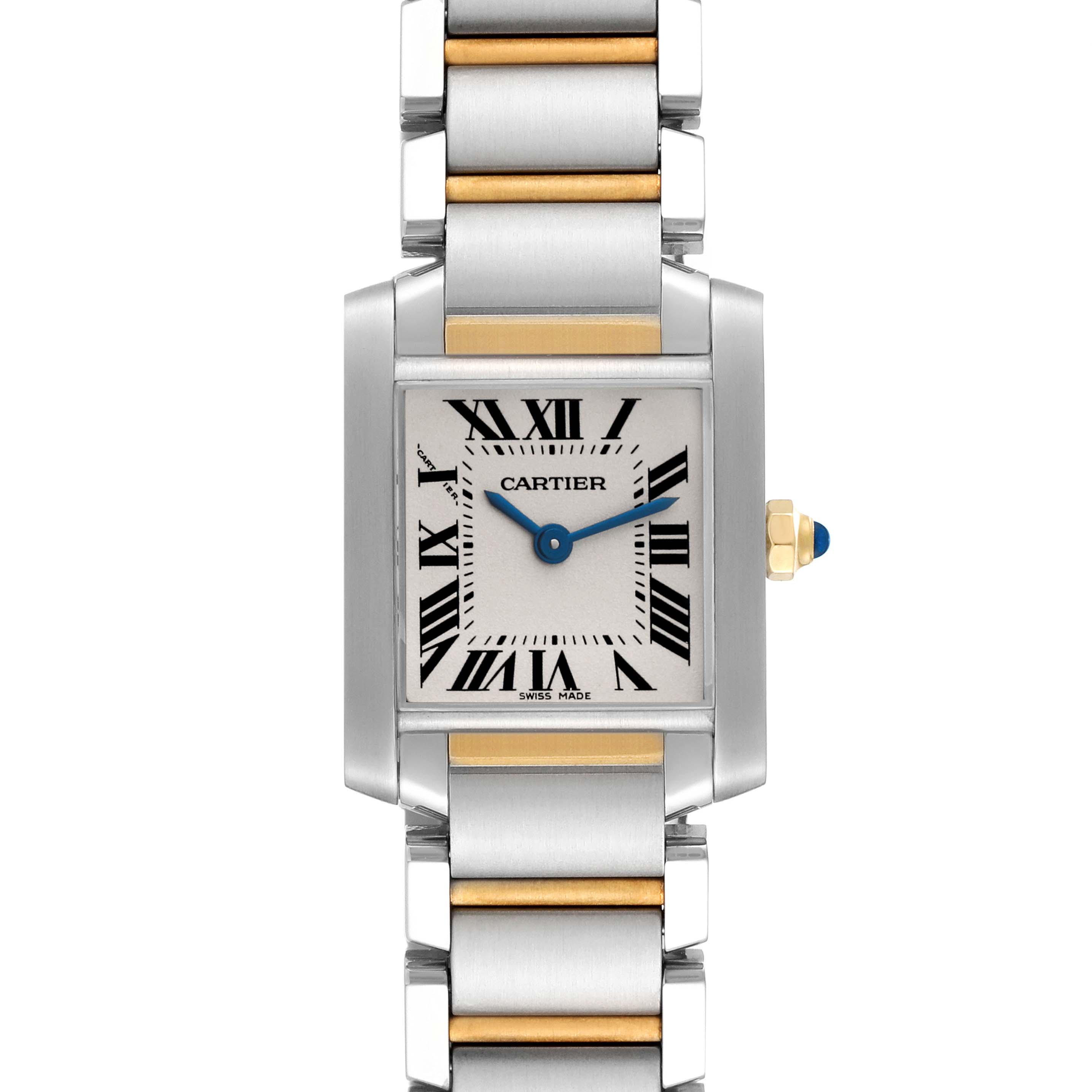The image shows a front view of the Cartier Tank Française model watch, highlighting its face and two-tone strap.