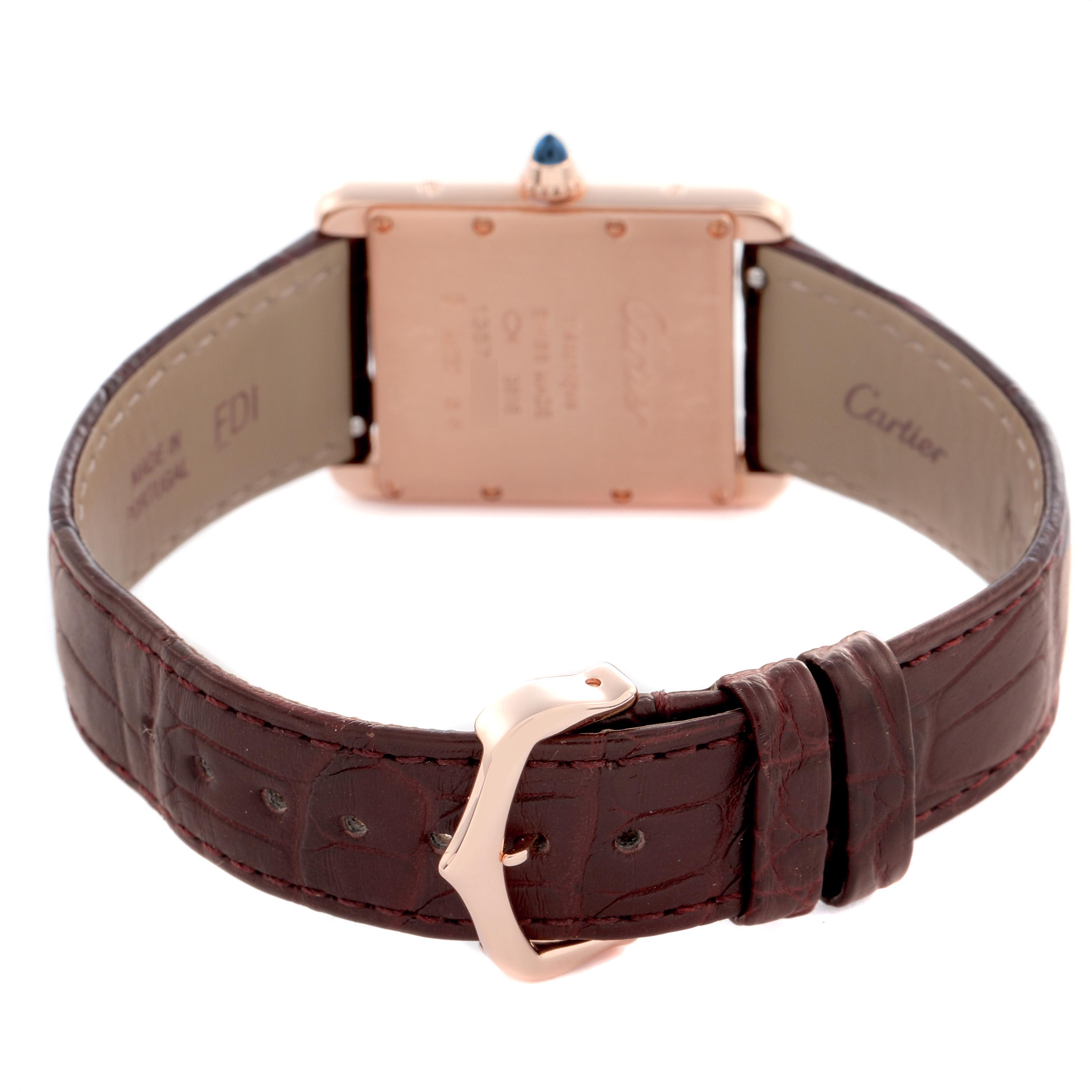 The image shows the back view of a Cartier Tank Louis WGTA0011 Men
s Rose Gold Silver Dial WGTA0011 Men
s Rose Gold Silver Dial watch, displaying the case back, strap, and clasp.