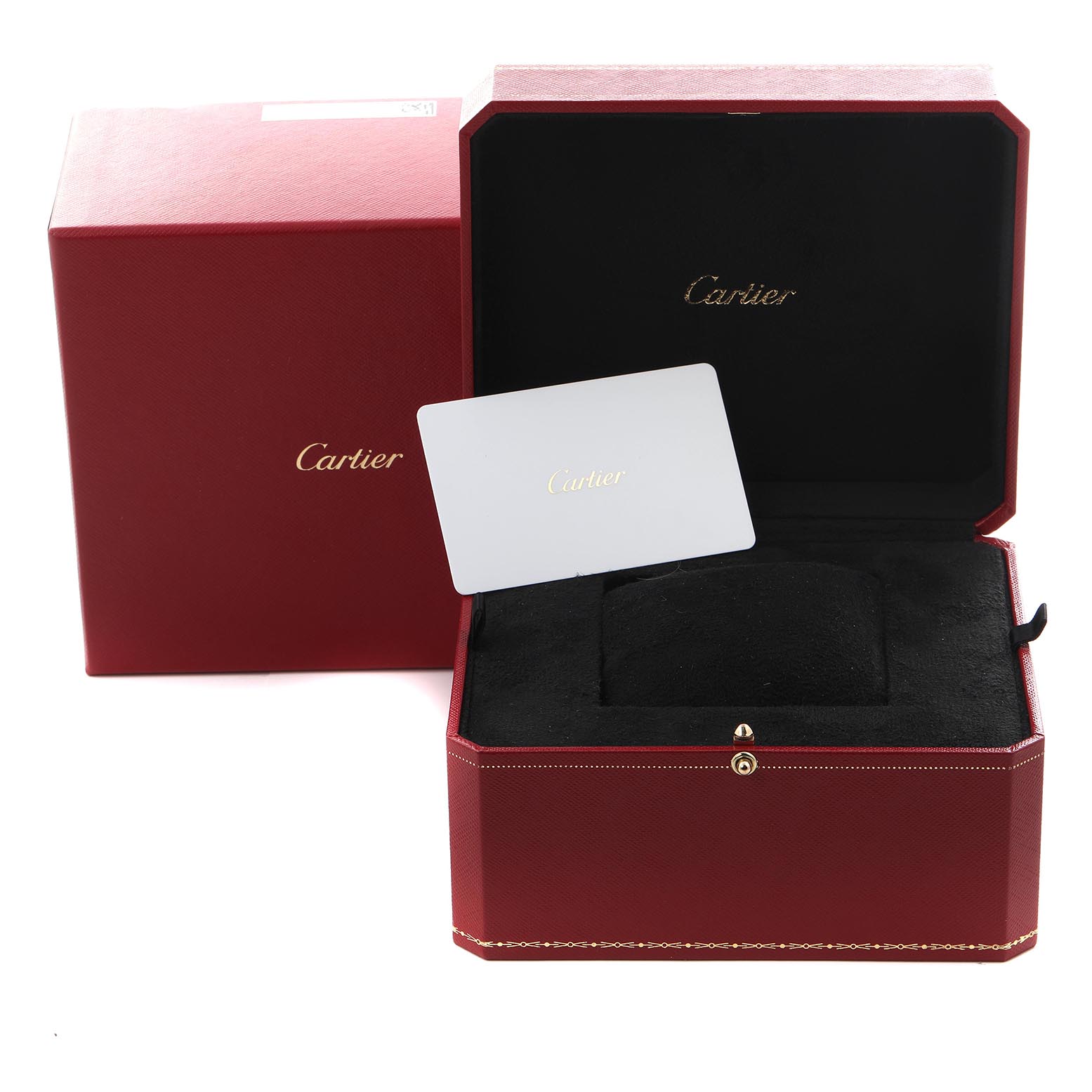 The image shows the packaging and an open box for a Cartier Tank Louis WGTA0011 Men
s Rose Gold Silver Dial WGTA0011 Men
s Rose Gold Silver Dial watch, with a card included.