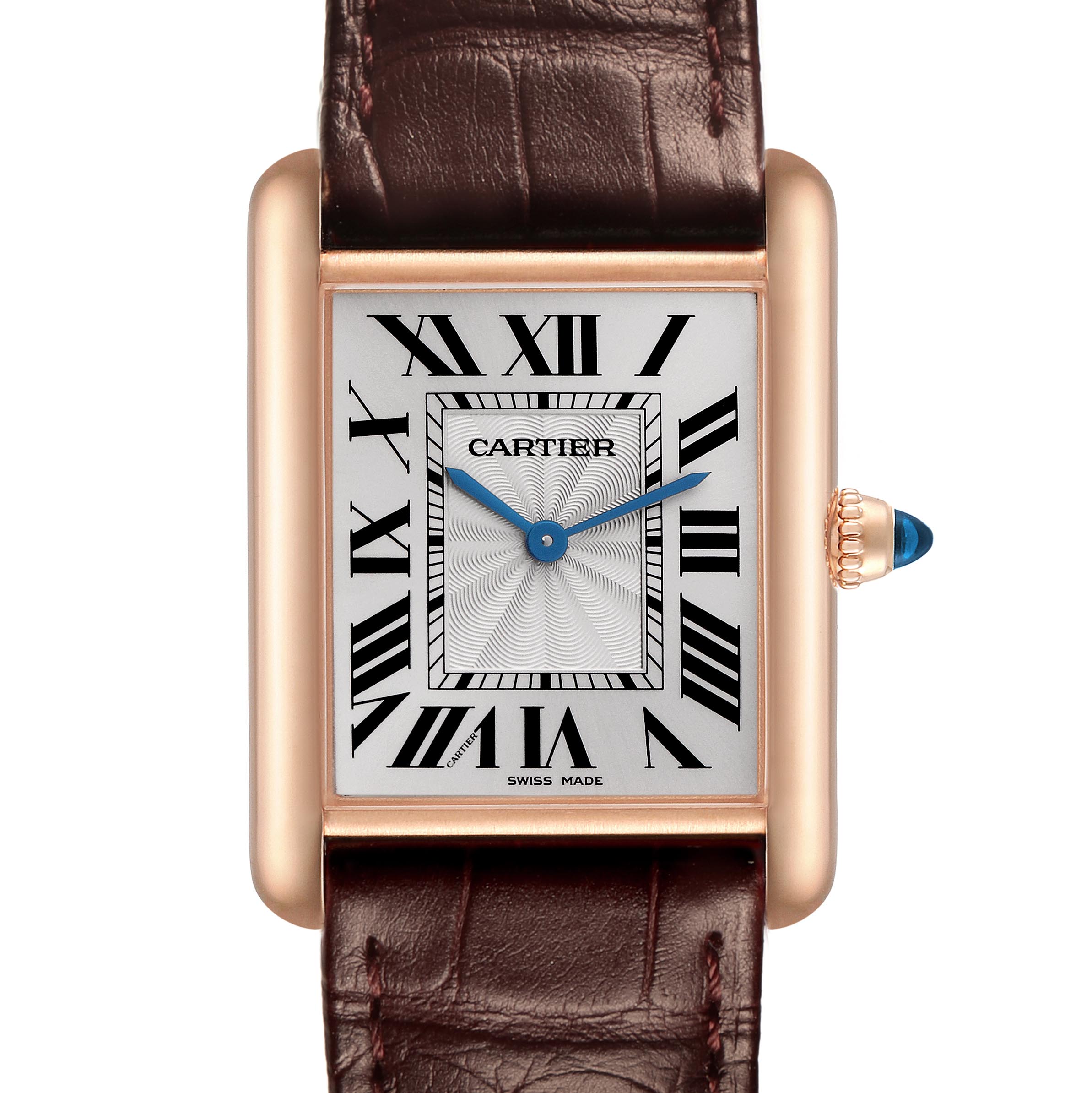 The Cartier Tank Louis WGTA0011 Men
s Rose Gold Silver Dial WGTA0011 Men
s Rose Gold Silver Dial model is shown from a front angle, displaying the rectangular face, Roman numerals, and crown with a blue cabochon.