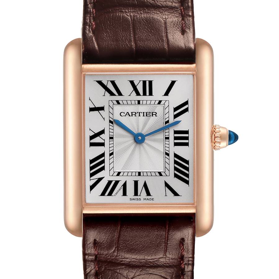 The Cartier Tank Louis model is shown from a front angle, displaying the rectangular face, Roman numerals, and crown with a blue cabochon.