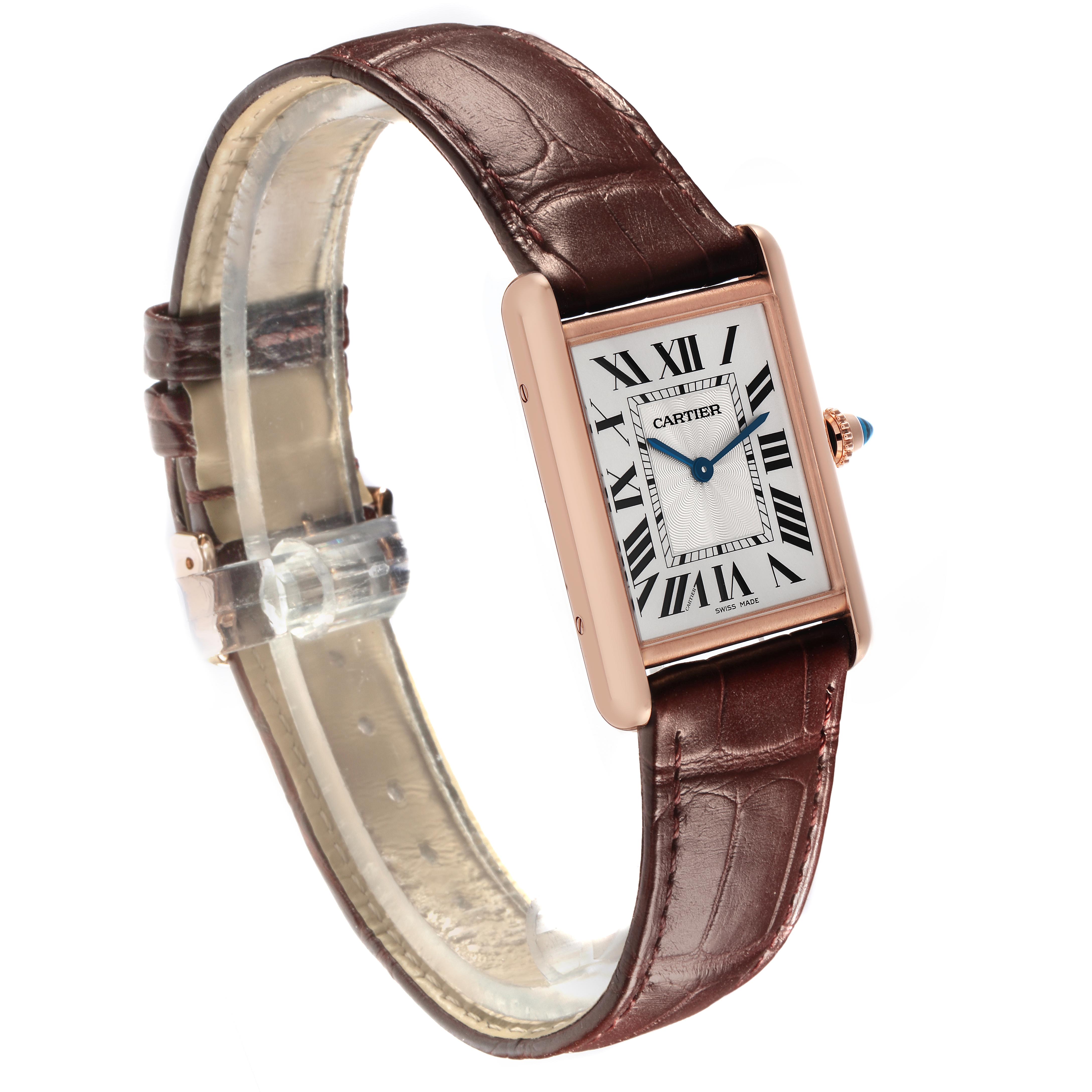 The Tank Louis model by Cartier is shown at an angled side view, highlighting its rectangular case, Roman numeral dial, and leather strap.