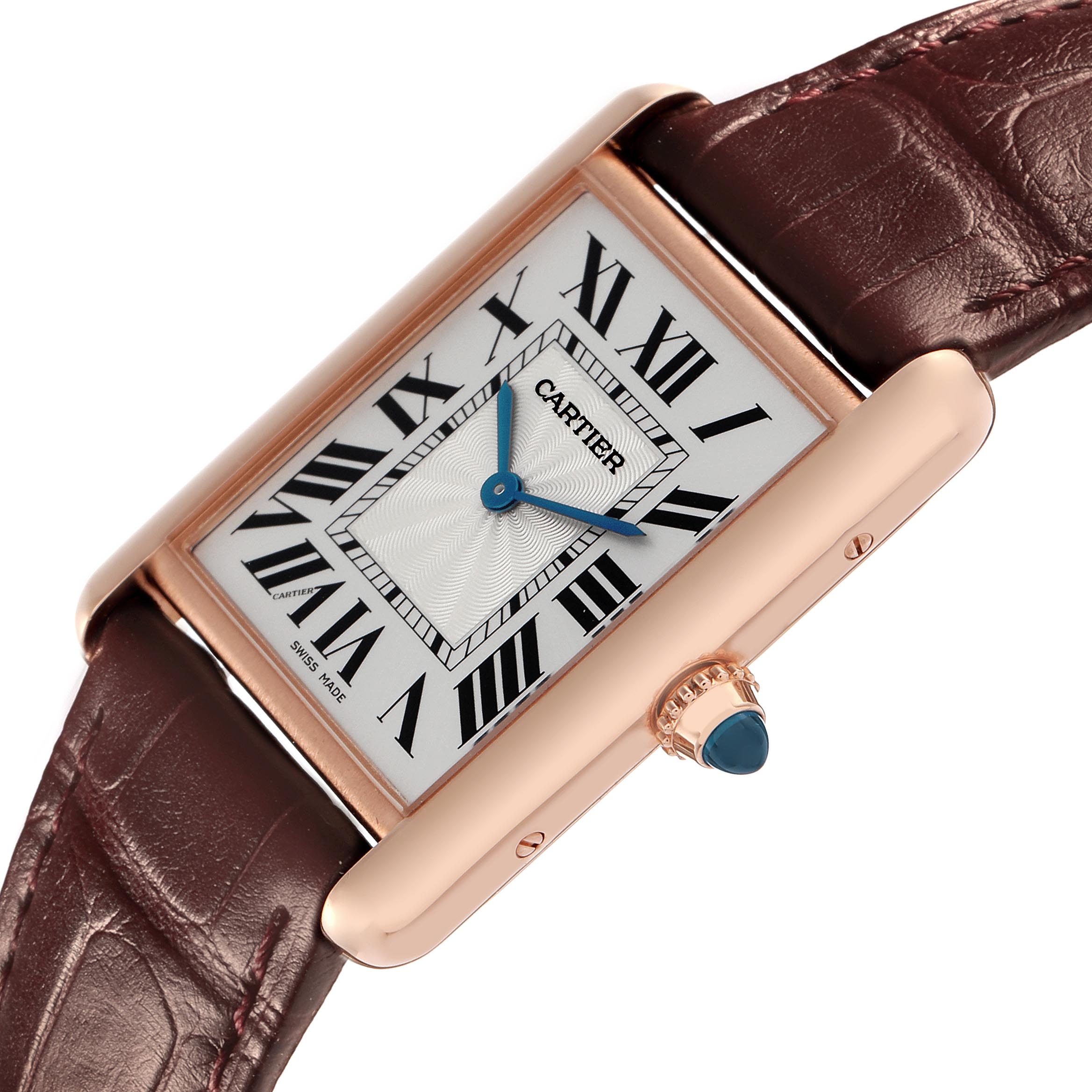 The Cartier Tank Louis WGTA0011 Men
s Rose Gold Silver Dial WGTA0011 Men
s Rose Gold Silver Dial watch is shown at an angle highlighting the face, Roman numeral dial, and part of the leather strap.