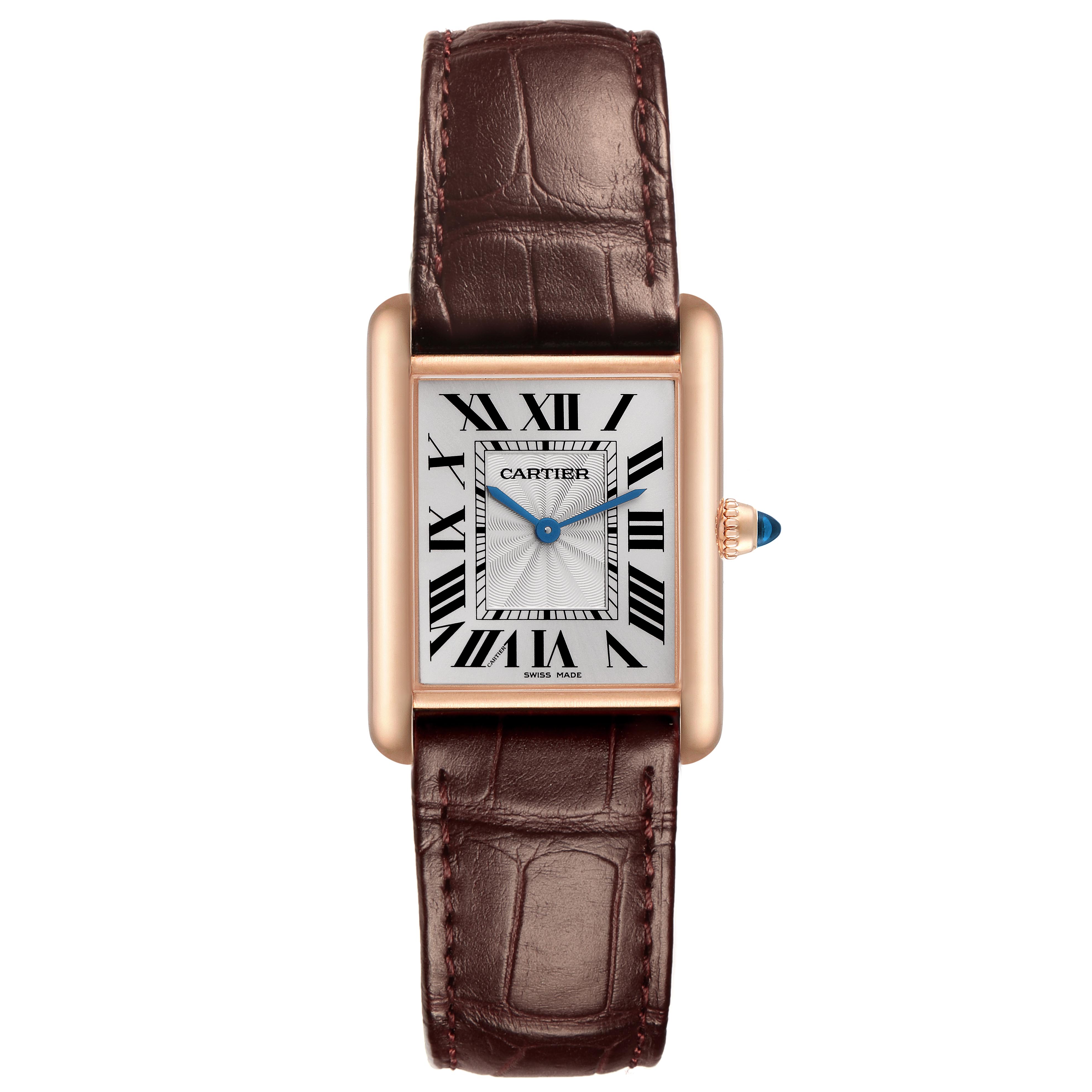 The Cartier Tank Louis WGTA0011 Men
s Rose Gold Silver Dial WGTA0011 Men
s Rose Gold Silver Dial watch is shown from a top view, displaying the face, Roman numerals, hands, and brown leather strap.