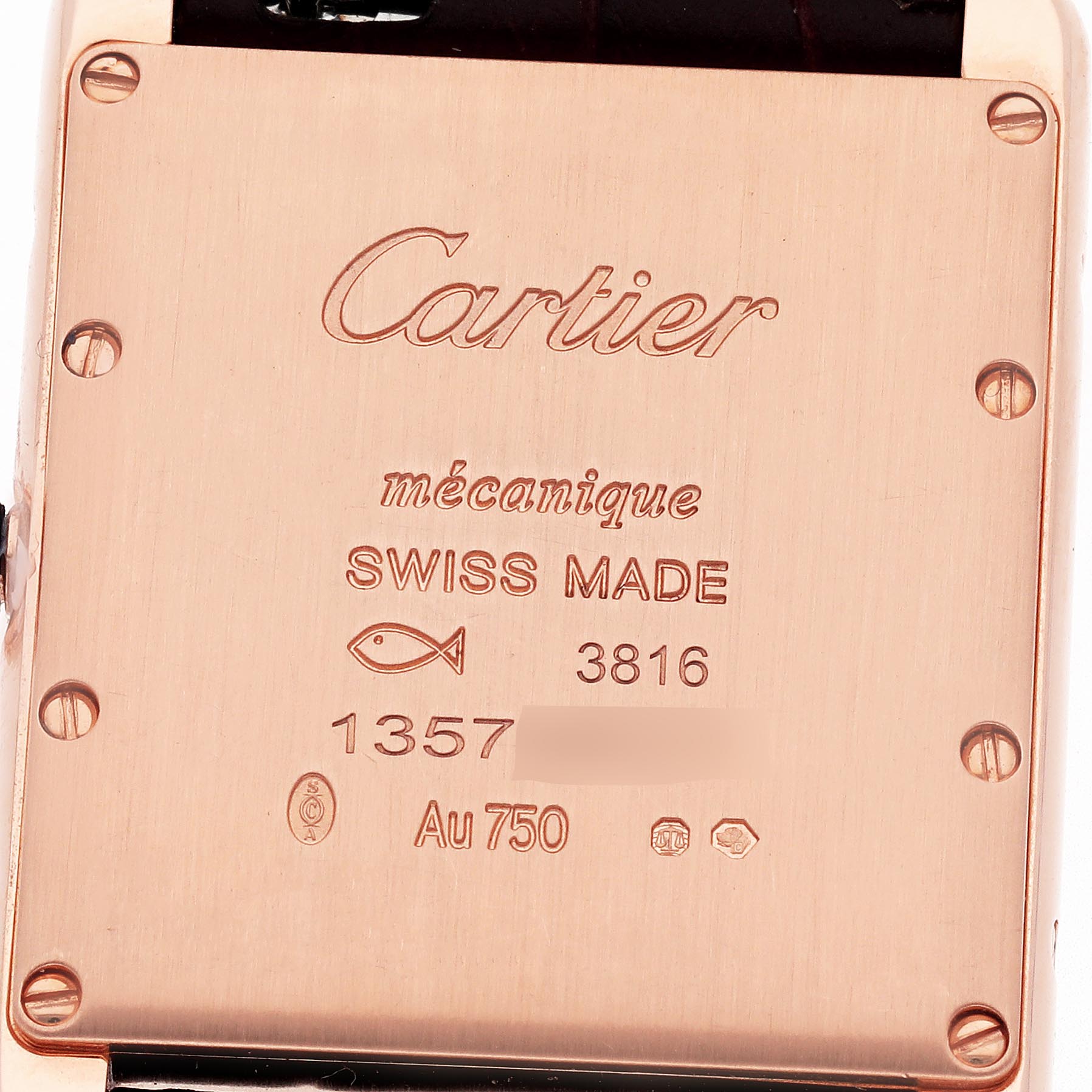 The image shows the back case of a Cartier Tank Louis WGTA0011 Men
s Rose Gold Silver Dial WGTA0011 Men
s Rose Gold Silver Dial watch, featuring engraved details and markings.