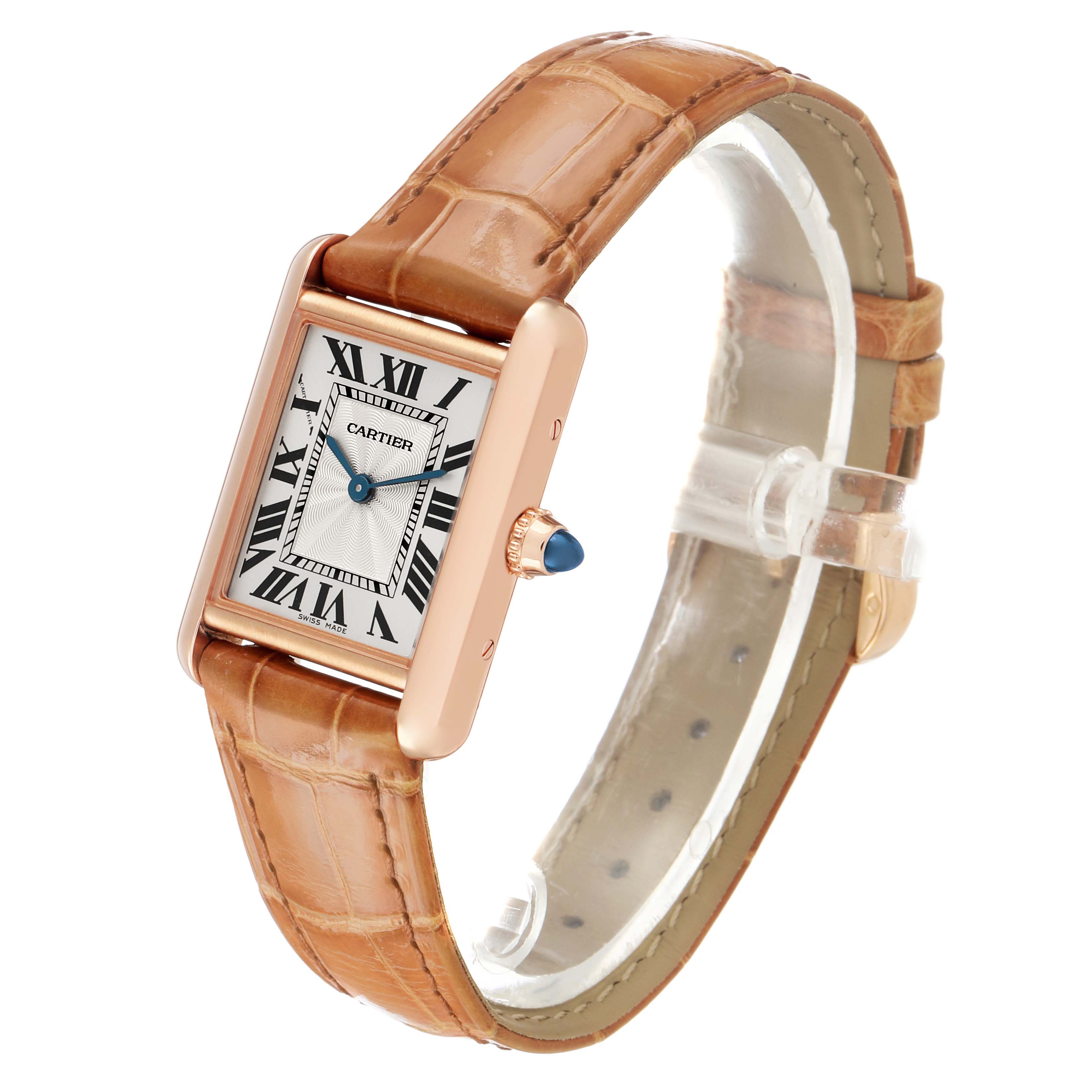 The Cartier Tank Louis WGTA0010 Women's Rose Gold Silver Dial watch is shown at a slight angle, highlighting the dial, case, crown, and leather strap.