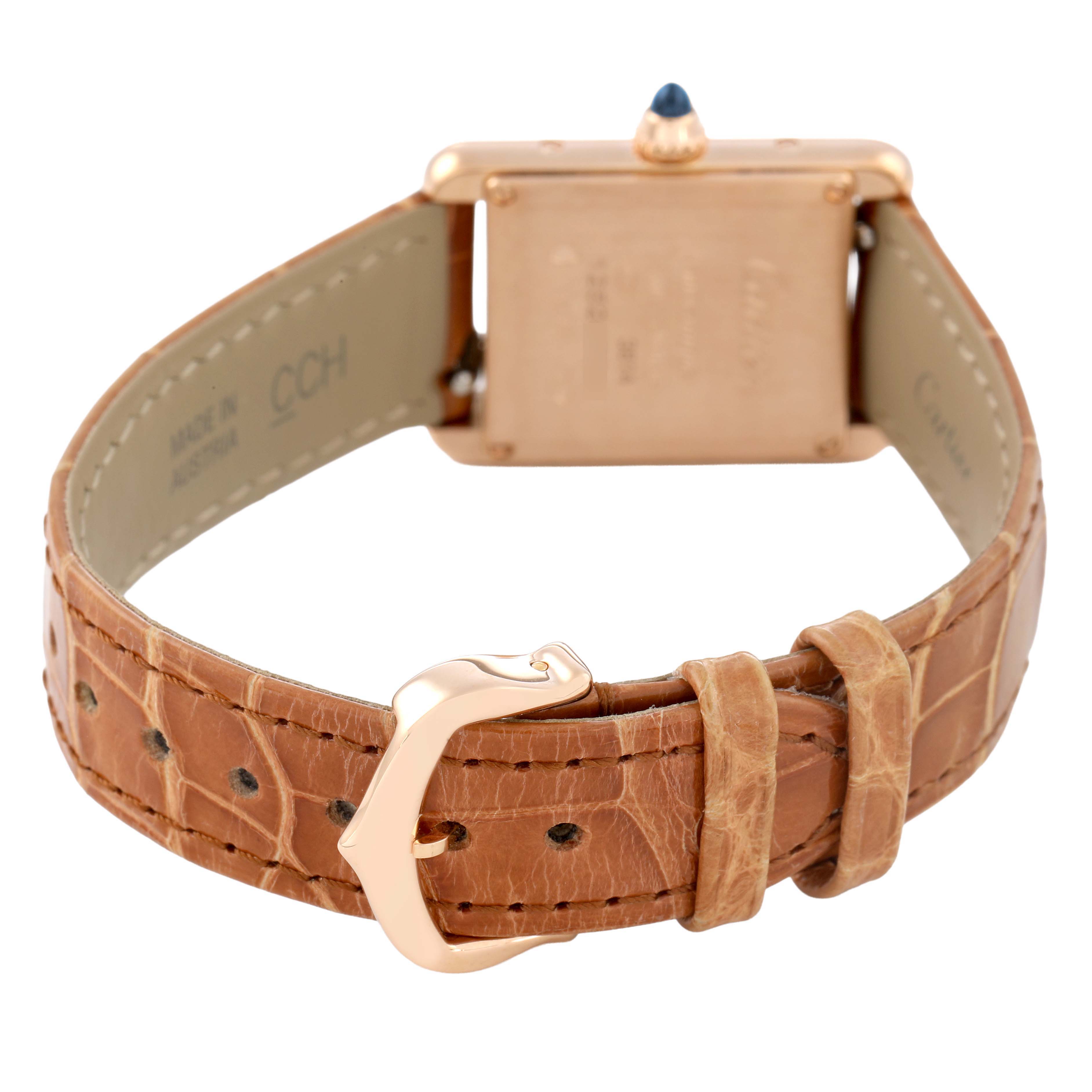 The image shows the back of the Cartier Tank Louis WGTA0010 Women's Rose Gold Silver Dial watch, highlighting its brown leather strap and buckle.