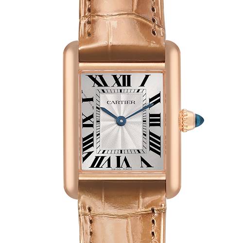 The Cartier Tank Louis WGTA0010 Women's Rose Gold Silver Dial watch is shown from the front, displaying the dial, leather strap, and crown.