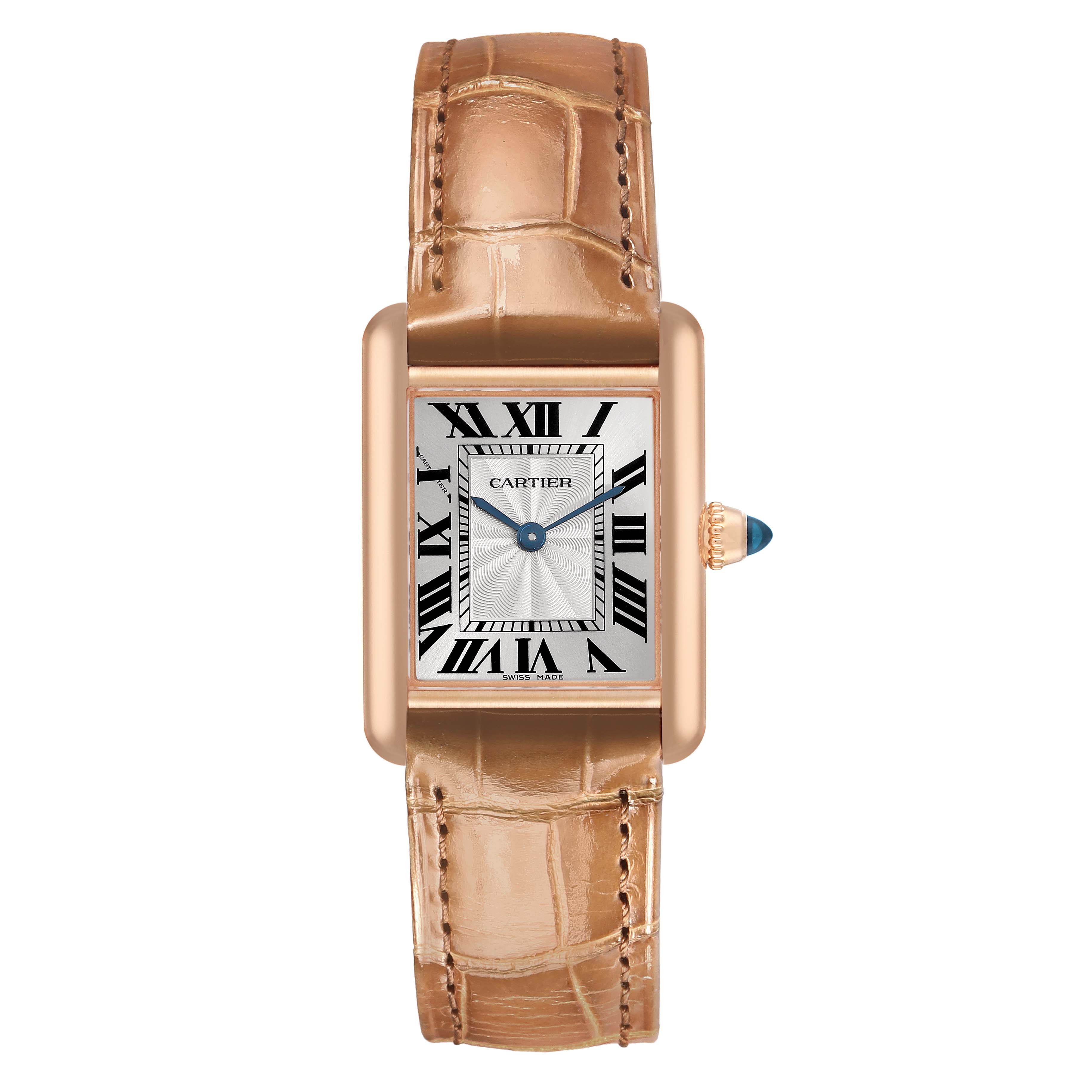 The Cartier Tank Louis WGTA0010 Women's Rose Gold Silver Dial watch is shown from a front angle, displaying the face, hands, case, and strap.