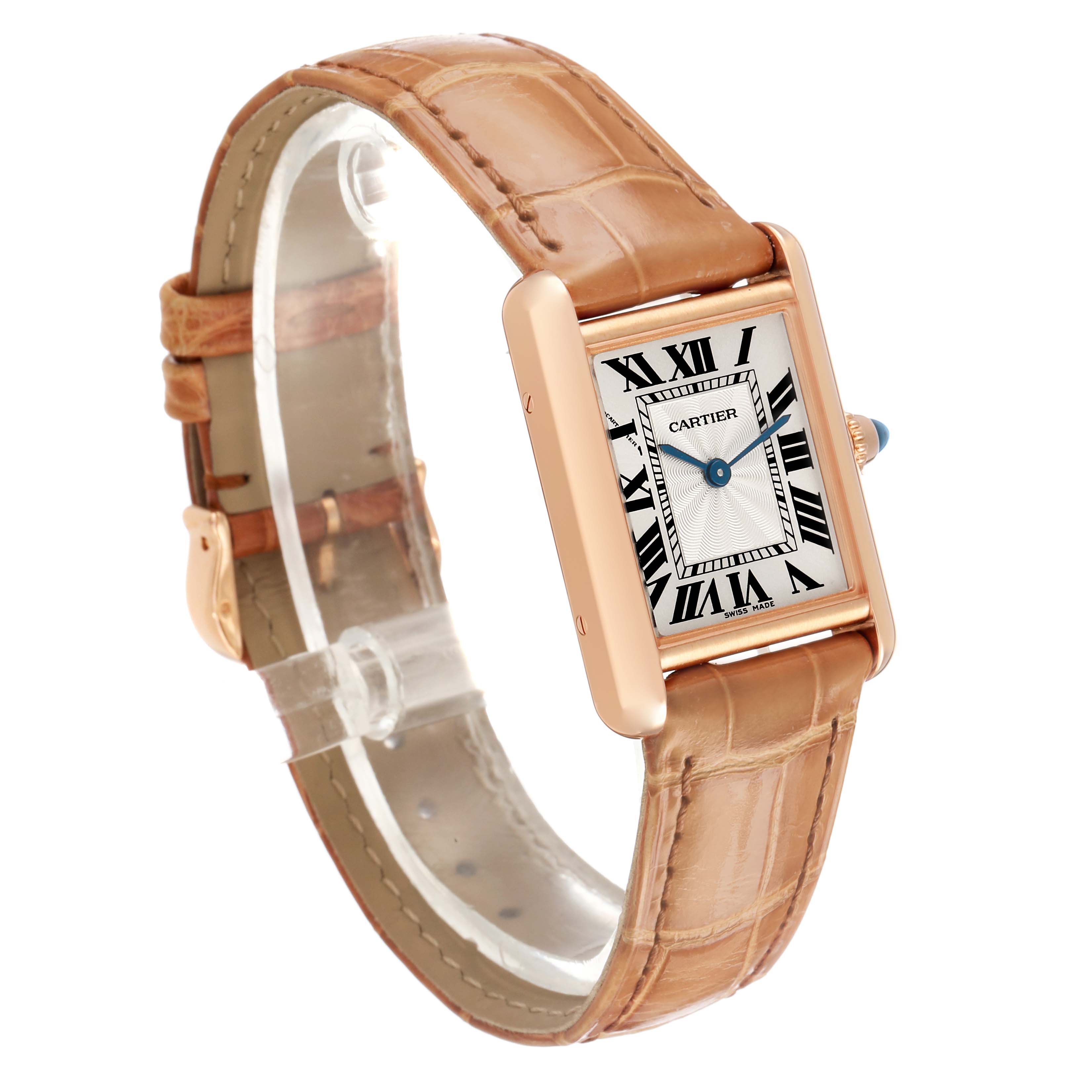 The Cartier Tank Louis WGTA0010 Women's Rose Gold Silver Dial watch is shown at a three-quarter angle, displaying its face, gold case, and leather strap.