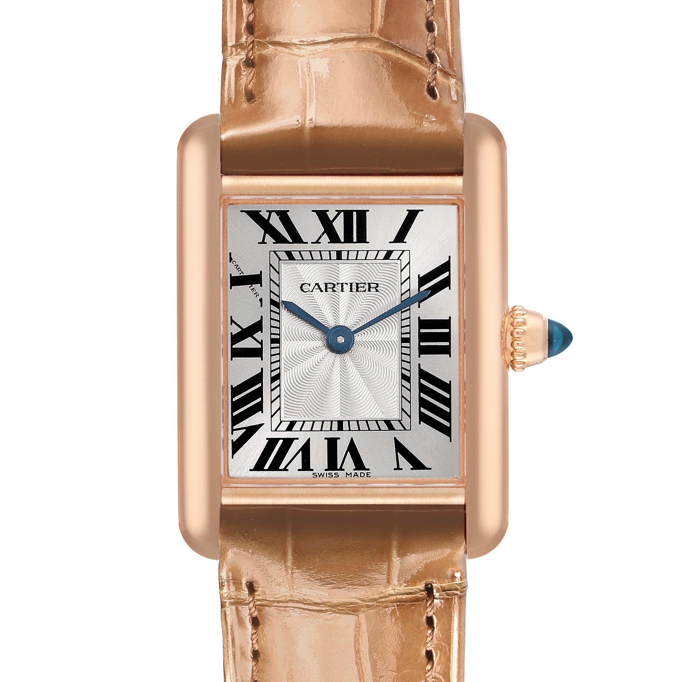 The Cartier Tank Louis WGTA0010 Women's Rose Gold Silver Dial watch is shown from the front, displaying its face, Roman numerals, and a leather strap.