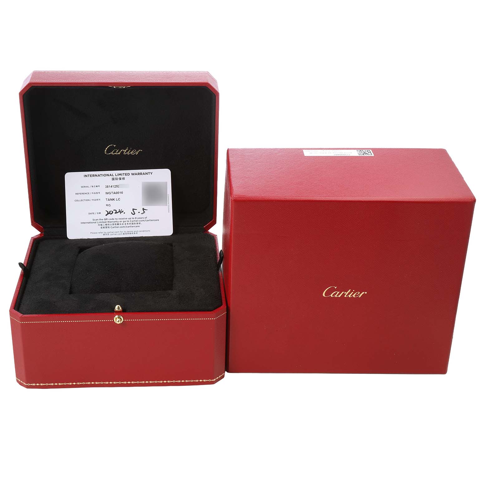 The image shows a Cartier Tank Louis WGTA0010 Women's Rose Gold Silver Dial watch box and inner case, with a warranty card inside.