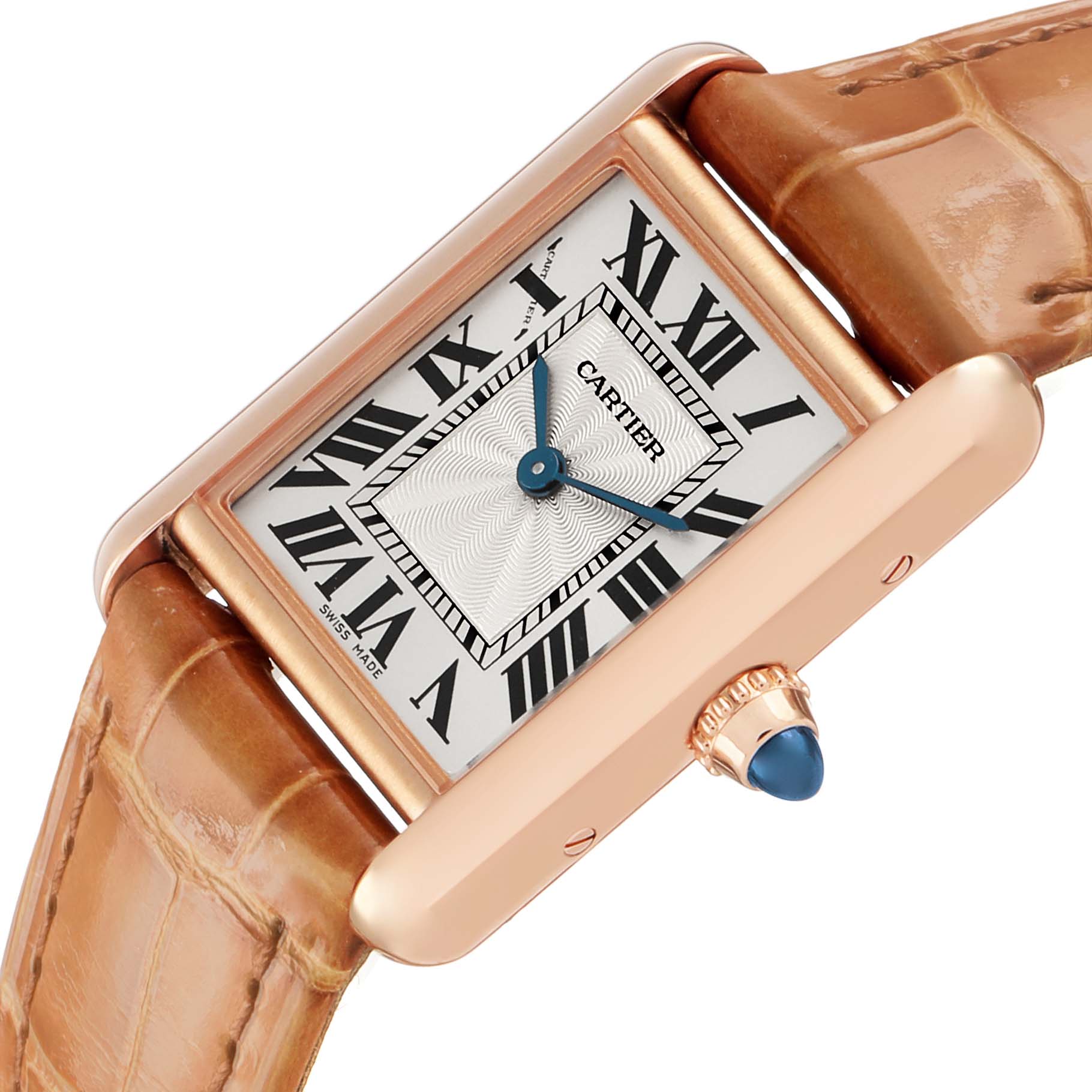The Cartier Tank Louis WGTA0010 Women's Rose Gold Silver Dial watch is shown at a slight angle, highlighting the face, Roman numerals, crown, and band.