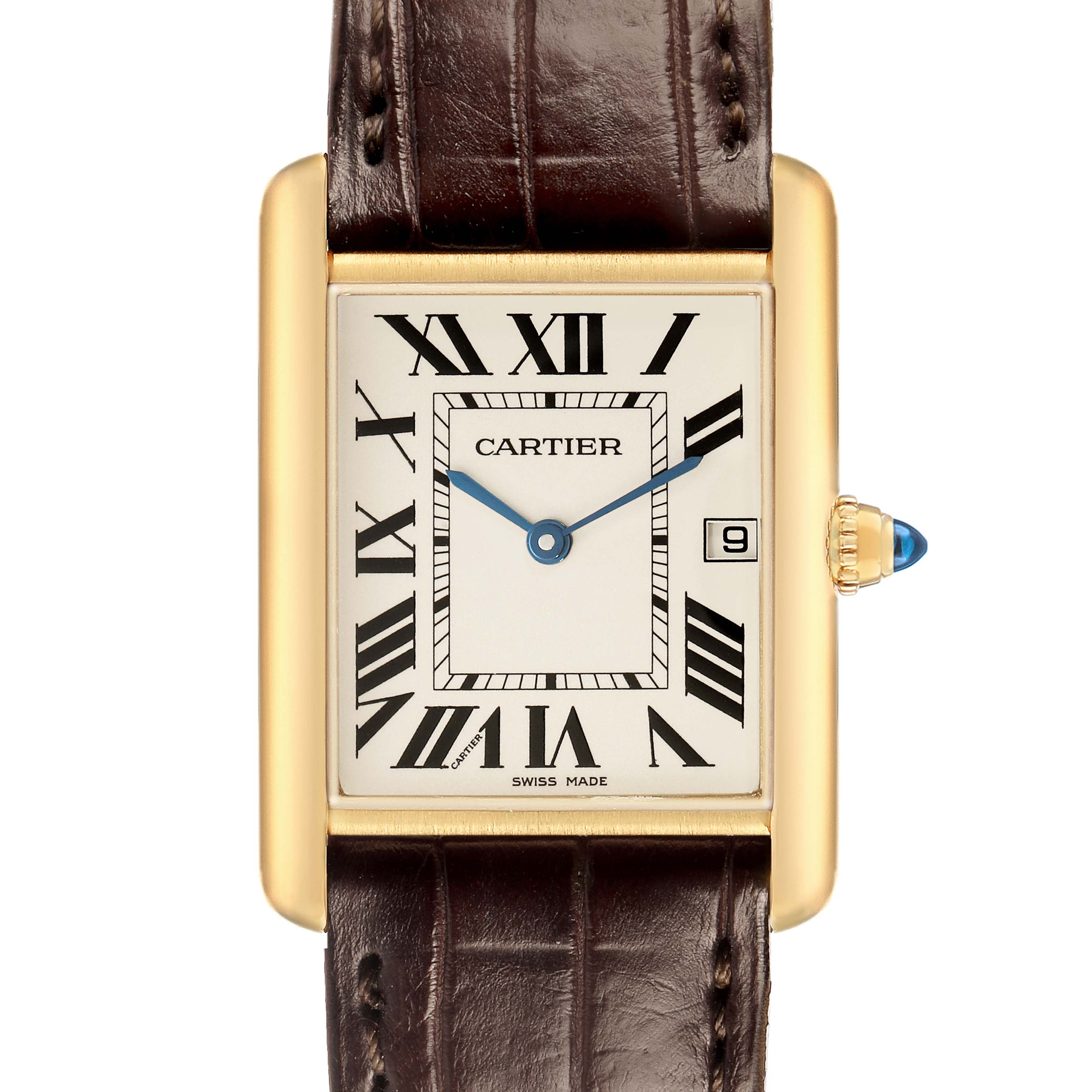 The Cartier Tank Louis W1529756 Men's Yellow Gold Silver Dial watch is shown from a front angle, displaying its face, leather strap, and side crown.