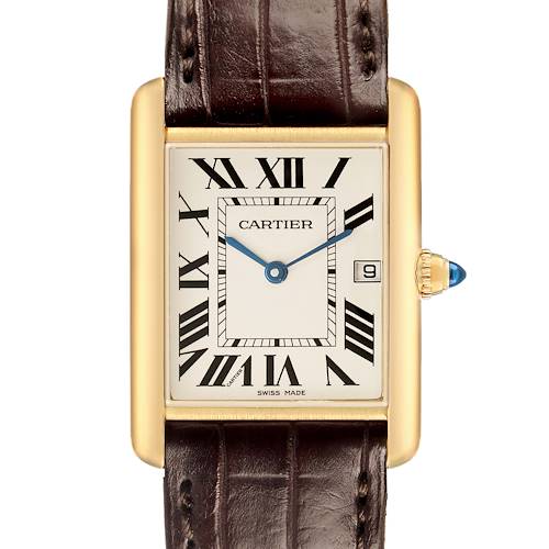 The Cartier Tank Louis W1529756 Men's Yellow Gold Silver Dial watch is shown from the front, featuring its rectangular dial, Roman numerals, and leather strap.