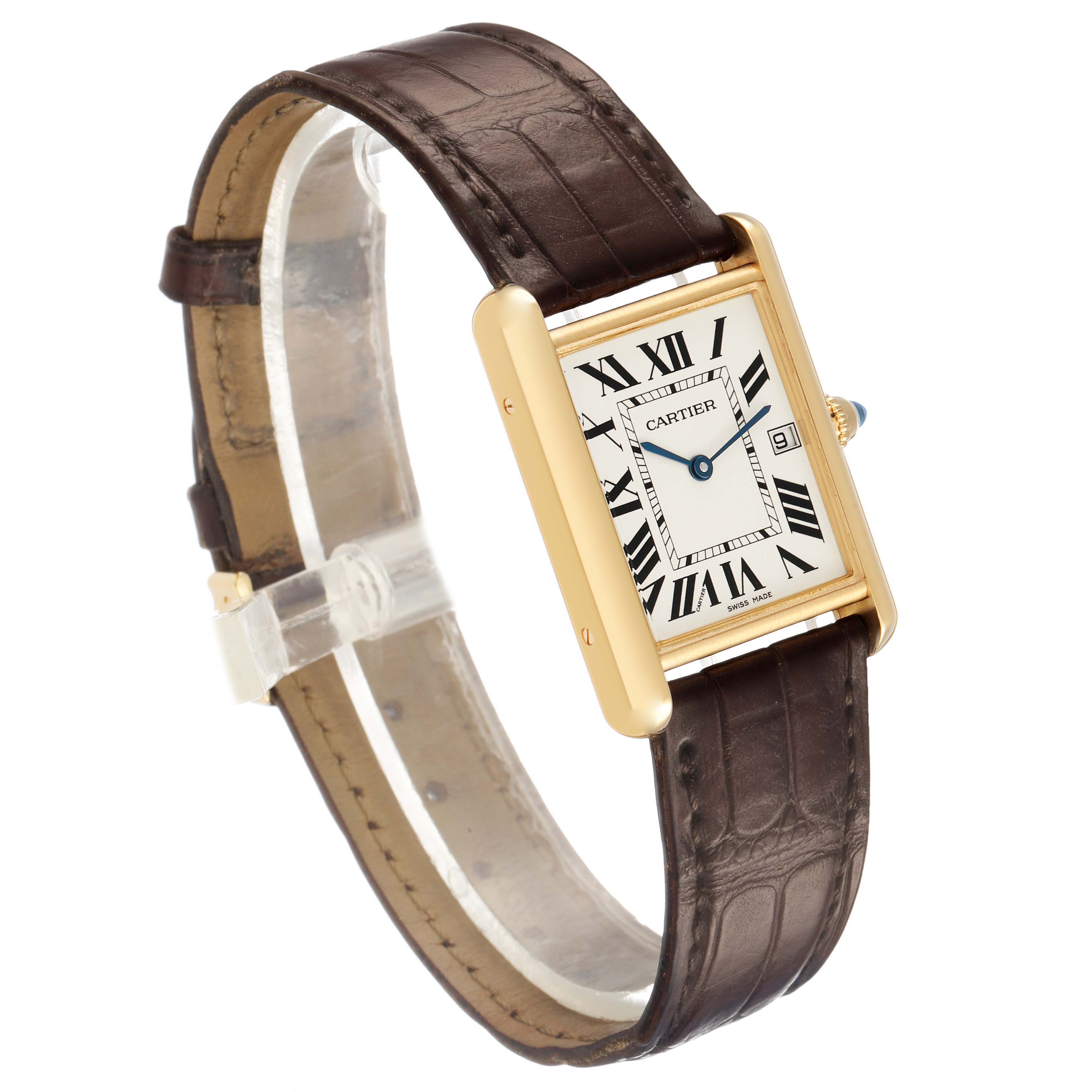 The Cartier Tank Louis W1529756 Men's Yellow Gold Silver Dial watch is shown from a three-quarter angle, highlighting its rectangular face, gold case, and brown leather strap.