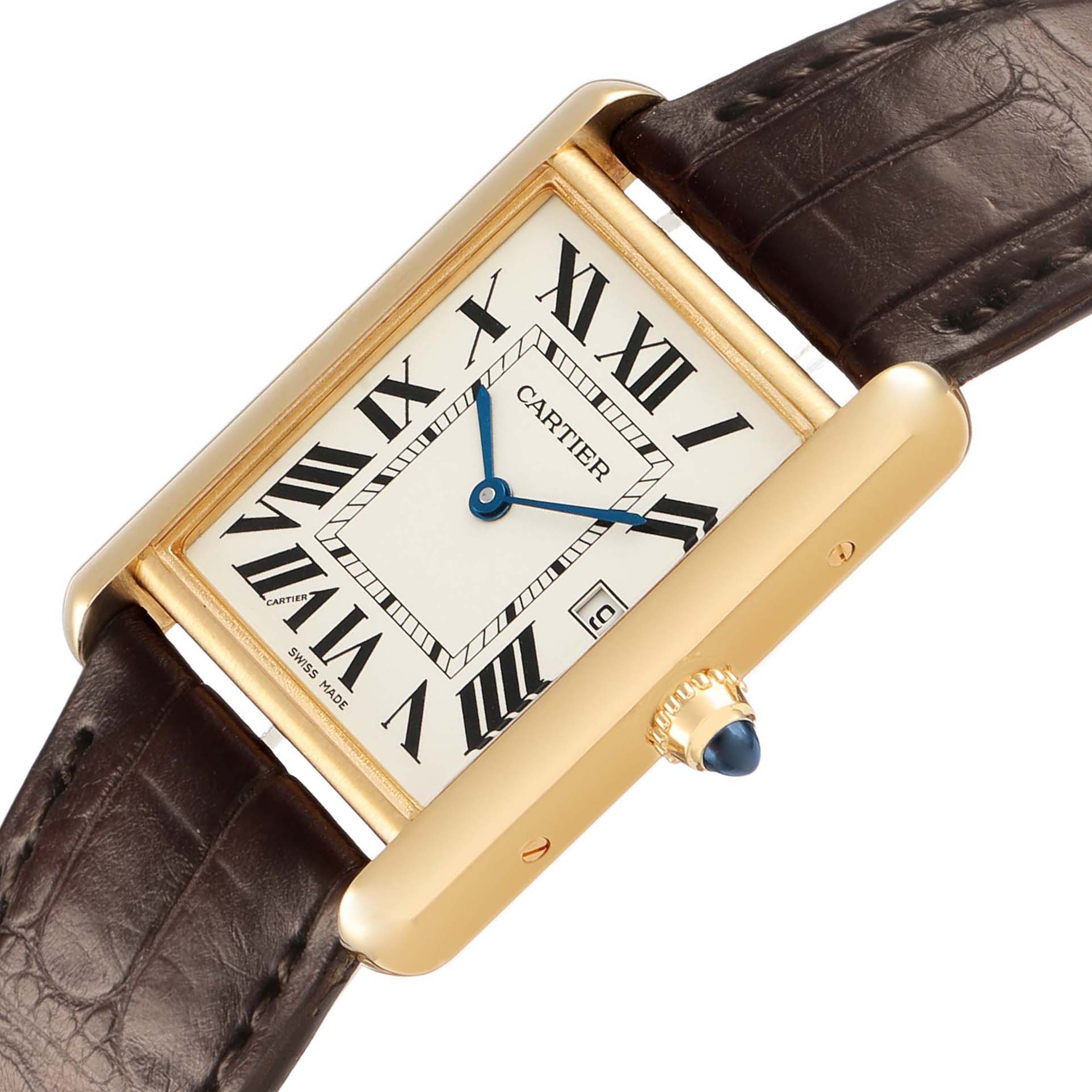 The Cartier Tank Louis W1529756 Men's Yellow Gold Silver Dial watch is shown at an angled view, highlighting its rectangular face, gold case, and brown leather strap.