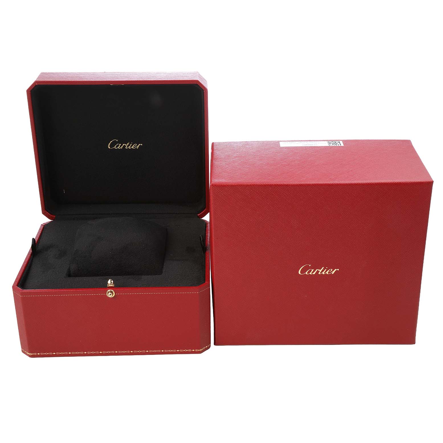 The image shows a Cartier Tank Louis W1529756 Men's Yellow Gold Silver Dial watch box, featuring an open red case with a black interior and an external red cover.