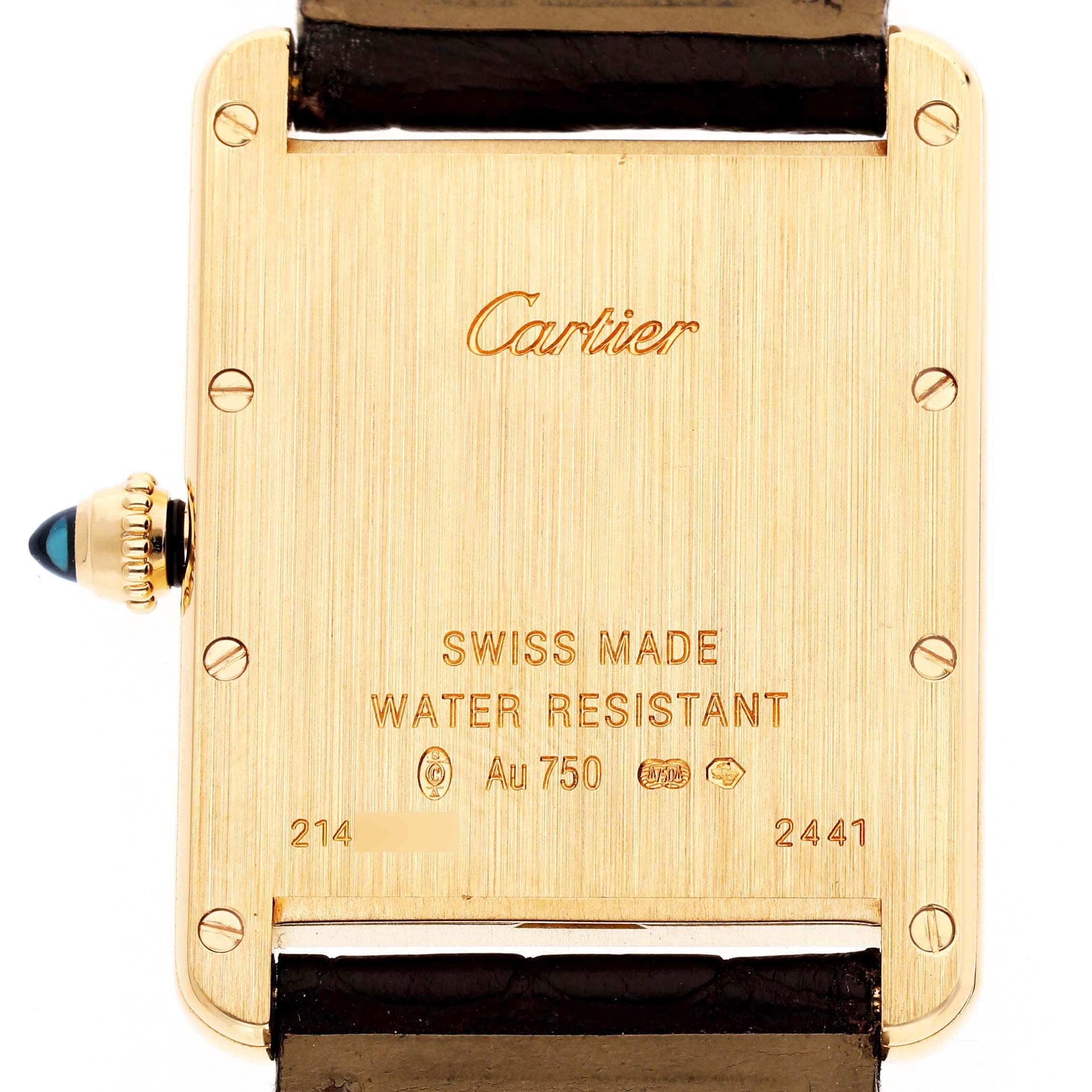 The image shows the back of a Cartier Tank Louis W1529756 Men's Yellow Gold Silver Dial watch, highlighting the brand name, water resistance, and a sapphire-tipped crown.