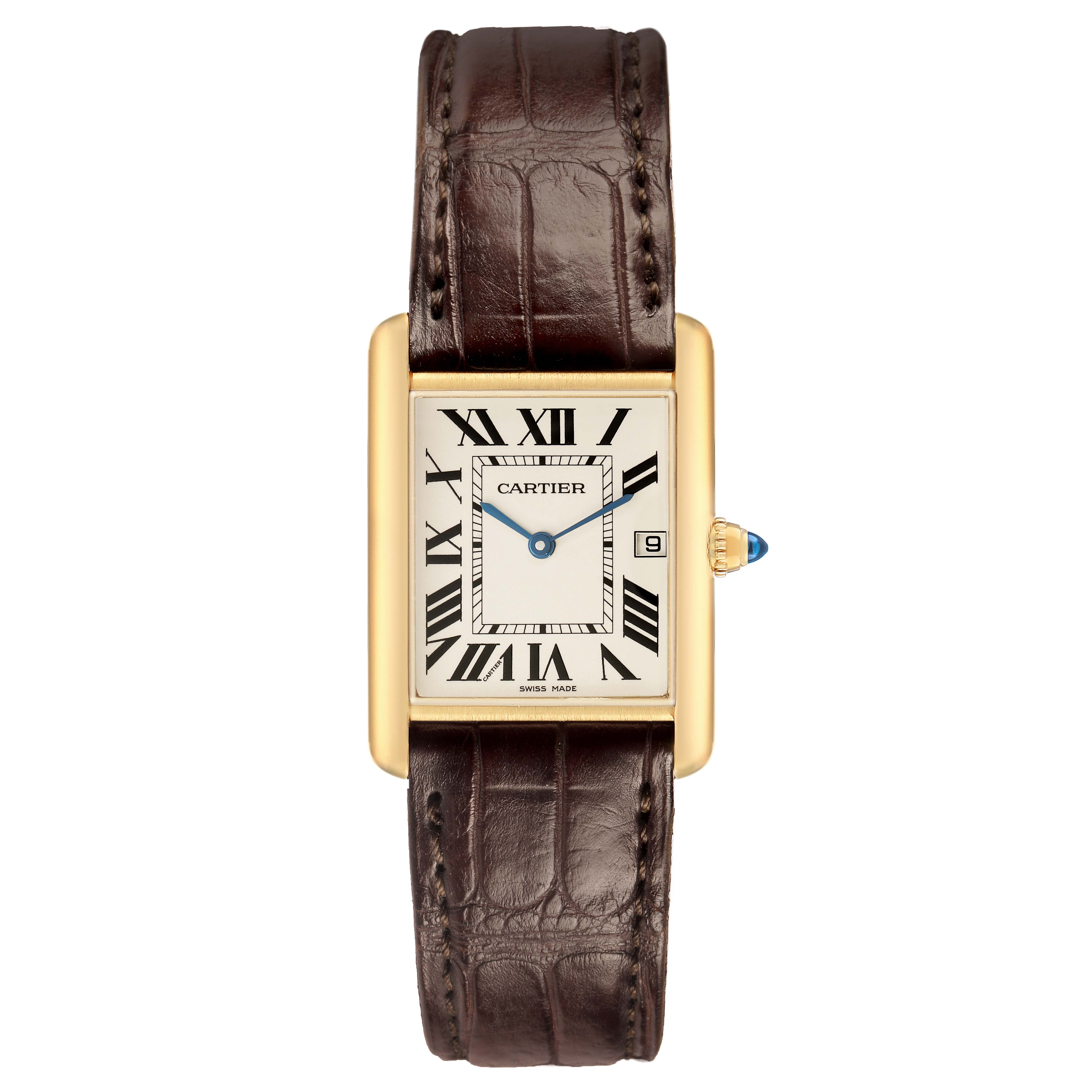 The image shows a Cartier Tank Louis W1529756 Men's Yellow Gold Silver Dial watch from a front angle, highlighting its rectangular face, Roman numerals, and brown leather strap.