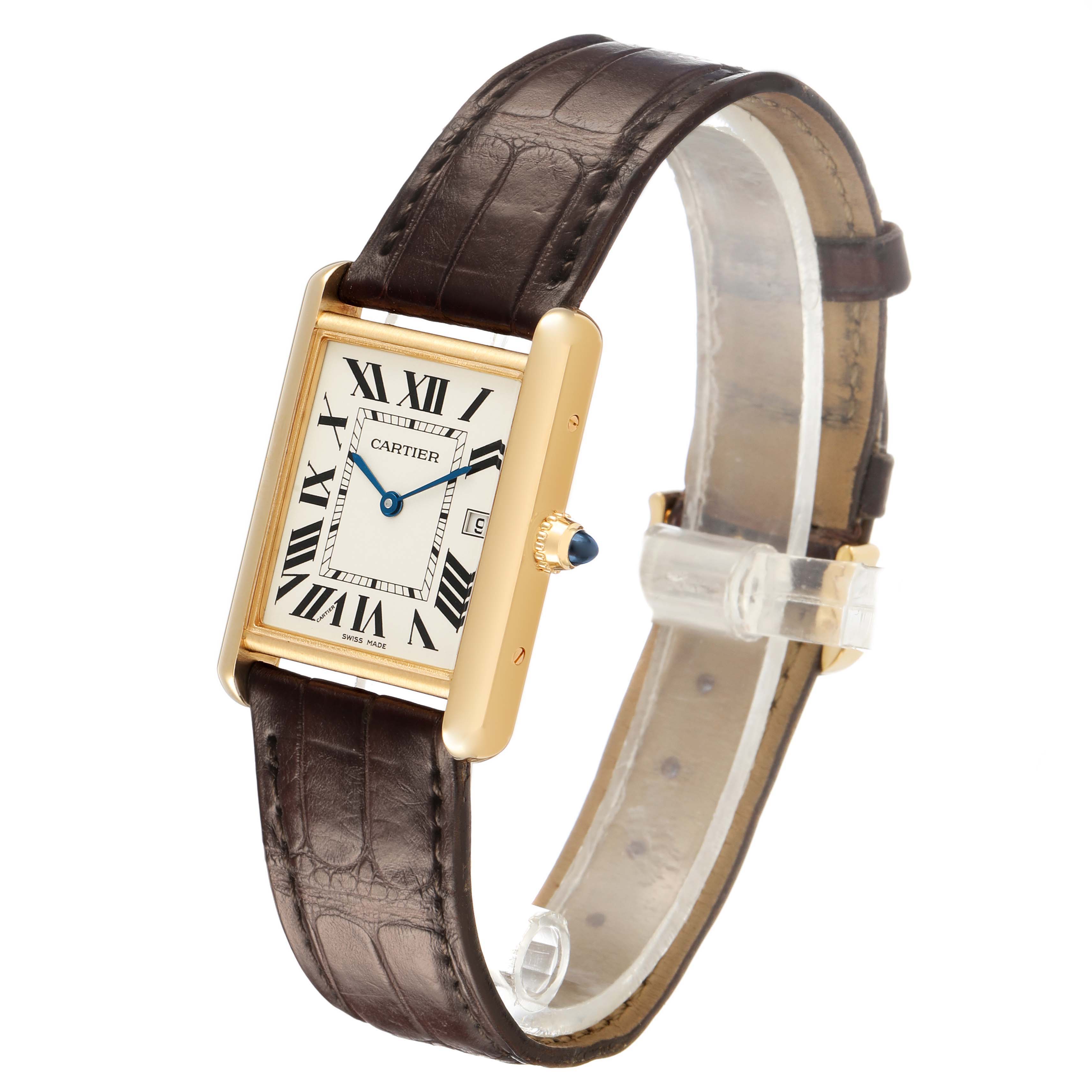 The Cartier Tank Louis W1529756 Men's Yellow Gold Silver Dial watch is shown at an angled side view, displaying the face, case, strap, and crown.