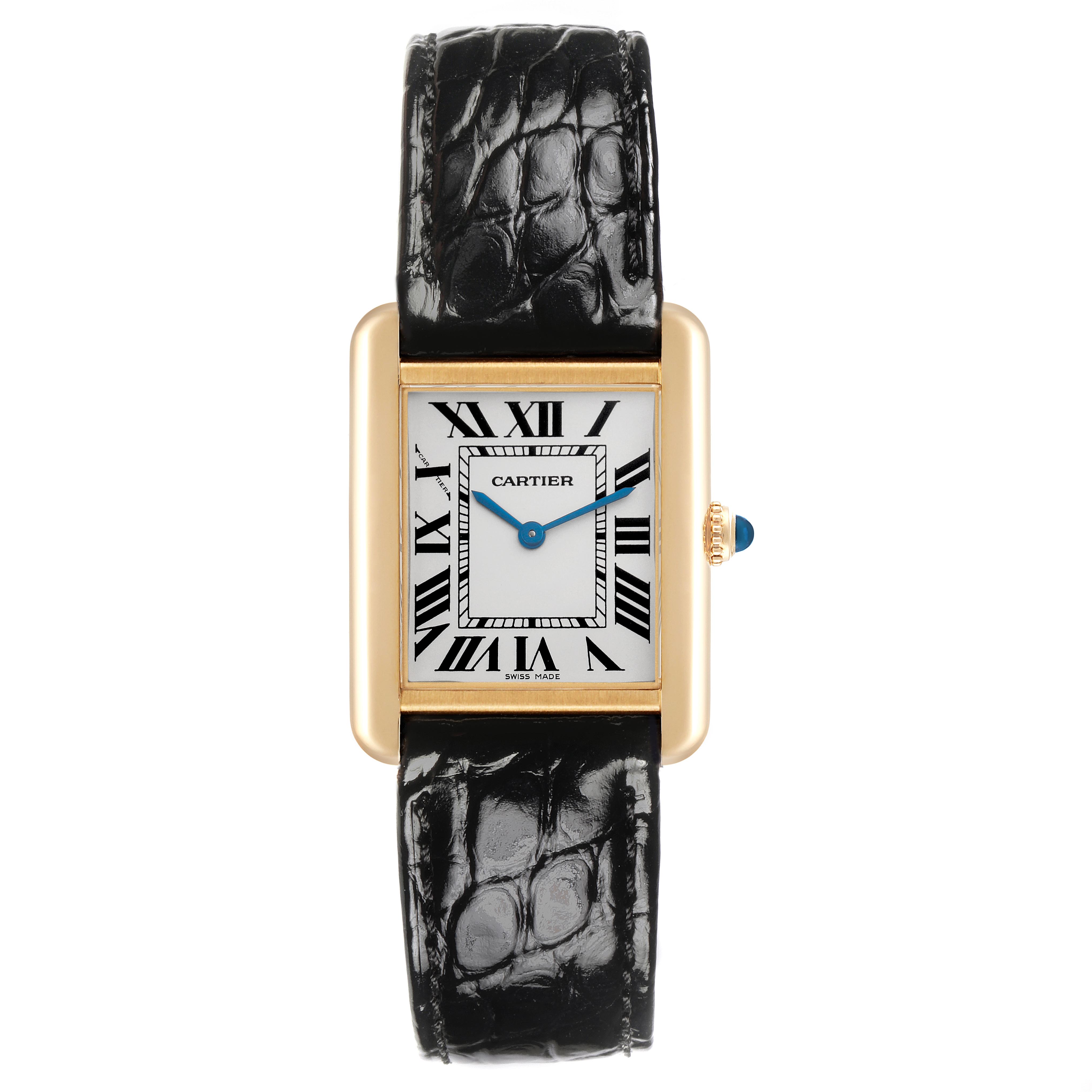 The Cartier Tank Solo W1018755 Women
s Yellow Gold Silver Dial W1018755 Women
s Yellow Gold Silver Dial watch is shown from a front angle, displaying its face, case, strap, and crown.