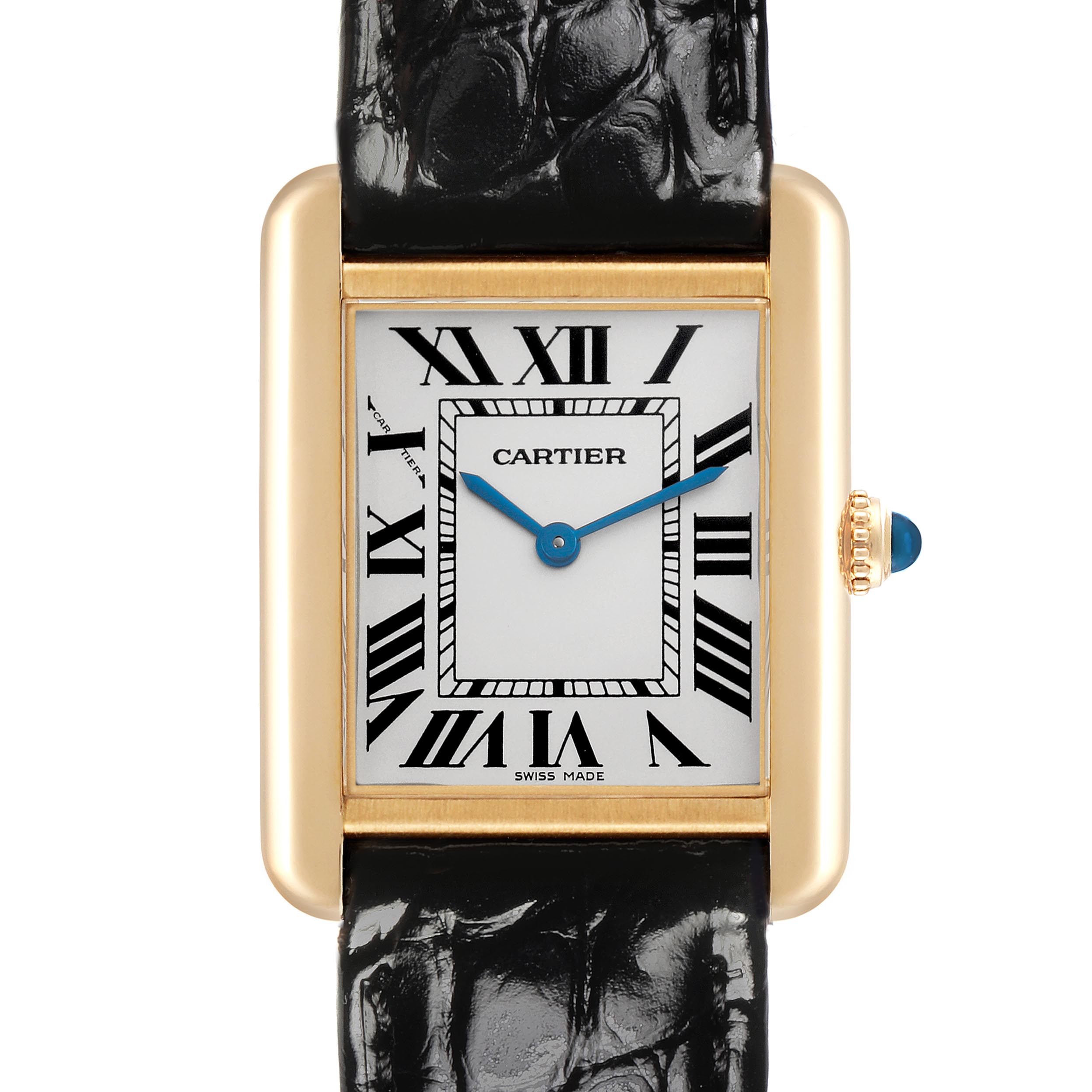 The Cartier Tank Solo W1018755 Women
s Yellow Gold Silver Dial W1018755 Women
s Yellow Gold Silver Dial watch is shown from the front, displaying its rectangular face, Roman numerals, blue hands, and crown.