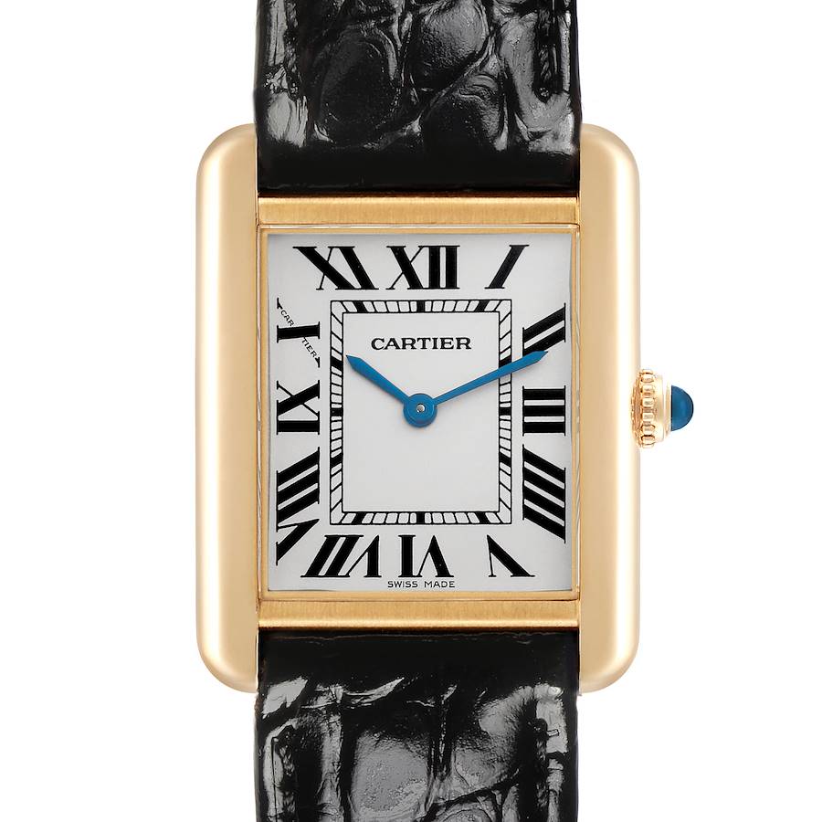 The Cartier Tank Solo watch is shown from the front, displaying its rectangular face, Roman numerals, blue hands, and crown.
