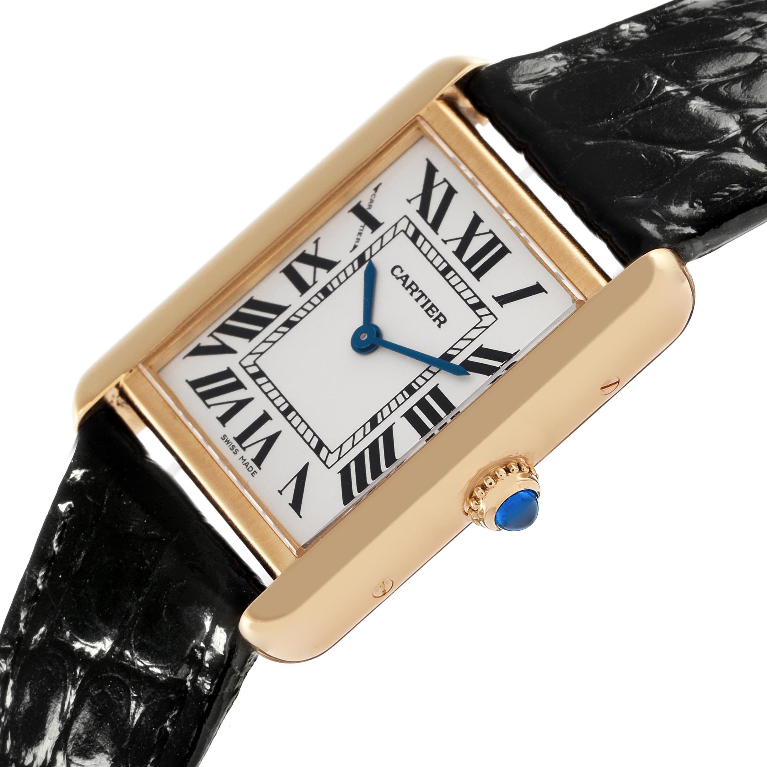 The Cartier Tank Solo W1018755 Women
s Yellow Gold Silver Dial W1018755 Women
s Yellow Gold Silver Dial watch is shown at an angle displaying its rectangular dial, gold casing, crown with blue cabochon, and leather strap.