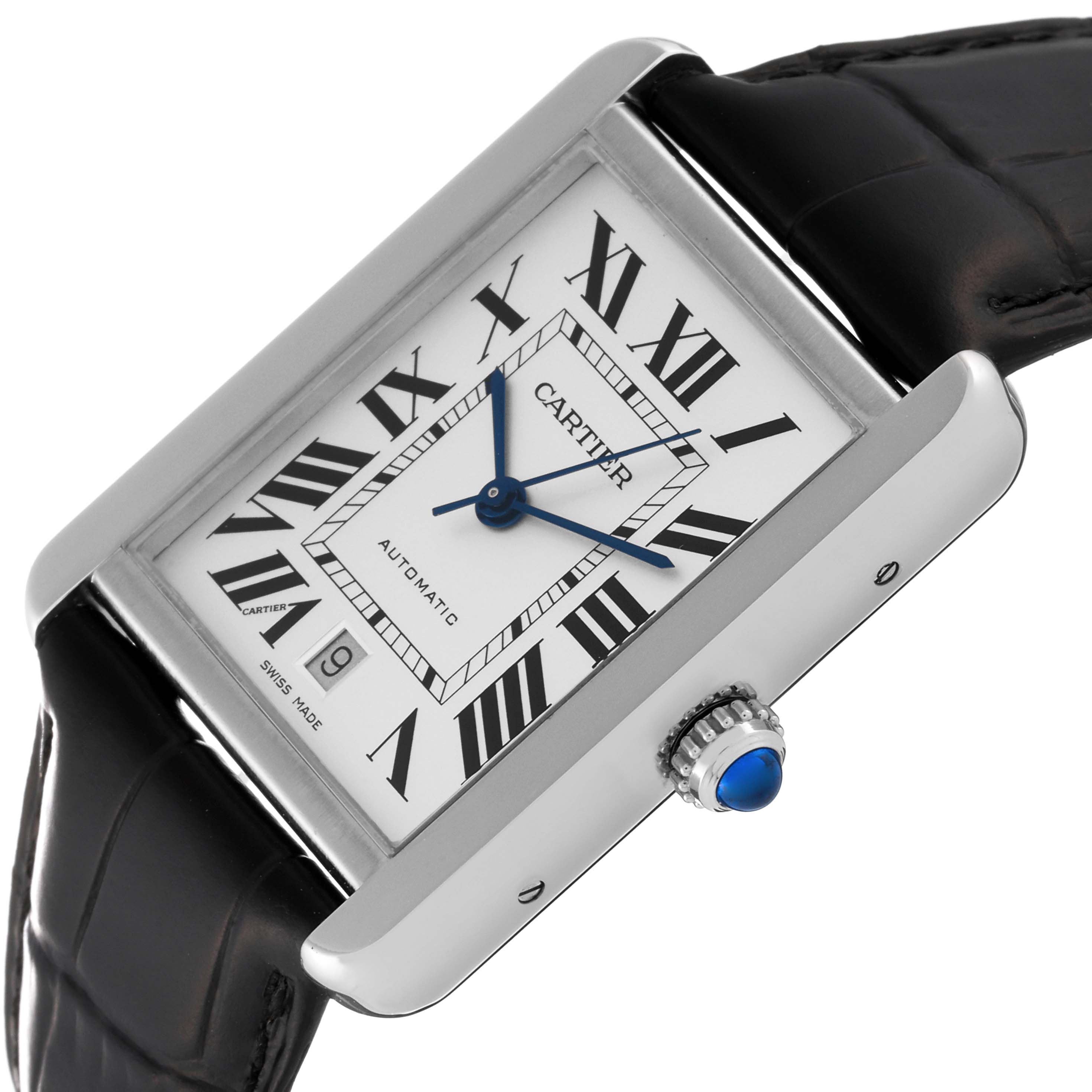 The image shows a Cartier Tank Solo W5200027 Men's Stainless Steel Silver Dial W5200027 Men's Stainless Steel Silver Dial watch at a slight angle, highlighting the face, case, crown, and part of the leather strap.