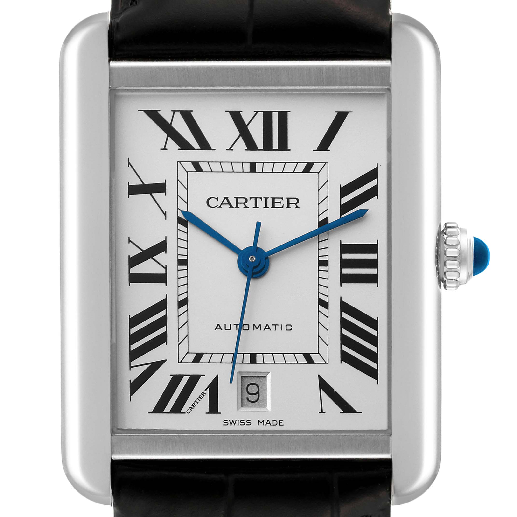 This image shows a front view of the Cartier Tank Solo W5200027 Men's Stainless Steel Silver Dial W5200027 Men's Stainless Steel Silver Dial watch, highlighting its face, hands, and crown.