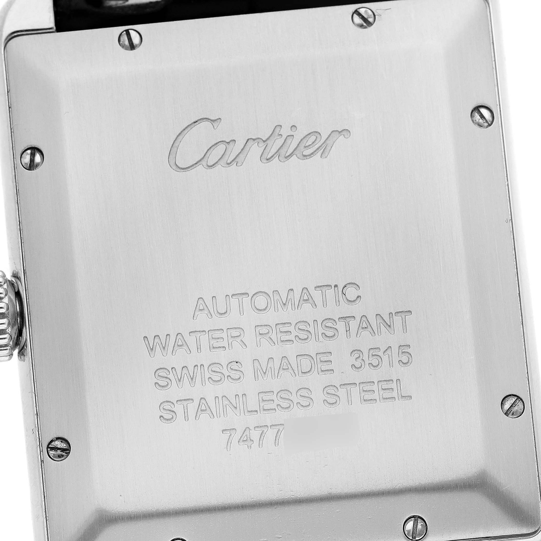 This image shows the stainless steel case back of a Cartier Tank Solo W5200027 Men's Stainless Steel Silver Dial W5200027 Men's Stainless Steel Silver Dial model watch, including engraved details.