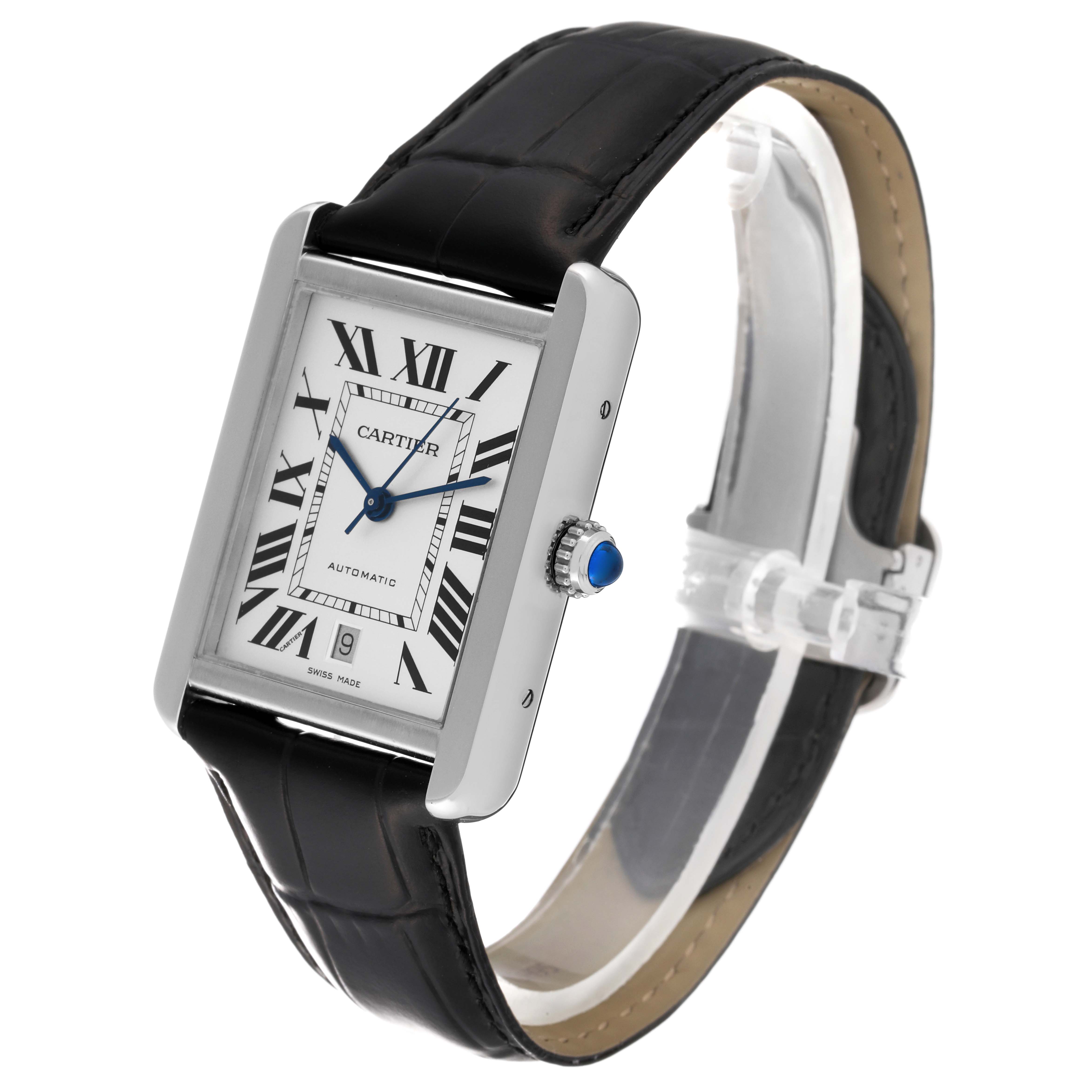 The Cartier Tank Solo W5200027 Men's Stainless Steel Silver Dial W5200027 Men's Stainless Steel Silver Dial watch is shown at an angle, highlighting its rectangular face, blue hands, crown, and black leather strap.
