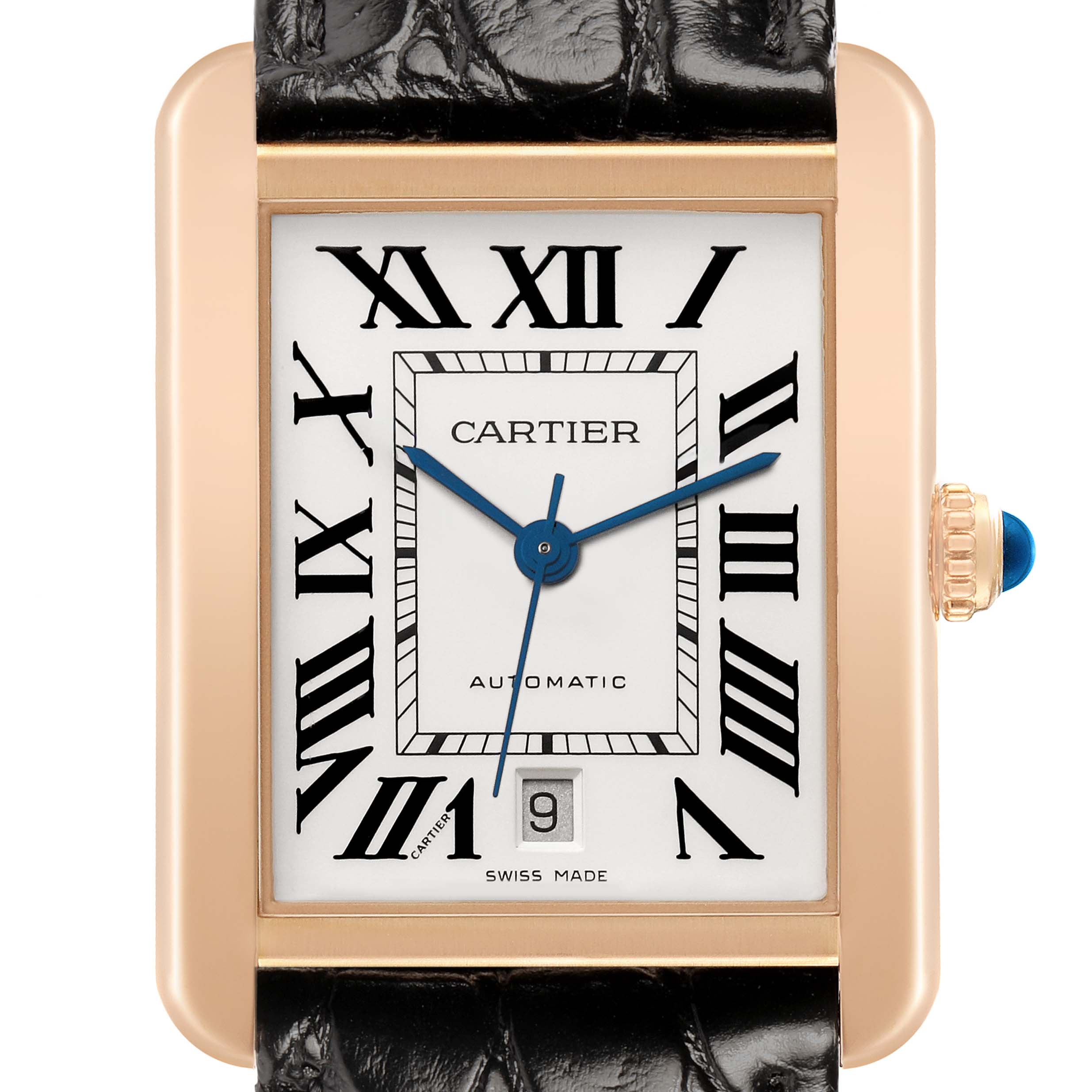The Cartier Tank Solo W5200026 Men's Rose Gold Silver Dial watch is shown from the front, displaying the face, hands, crown, and part of the strap.