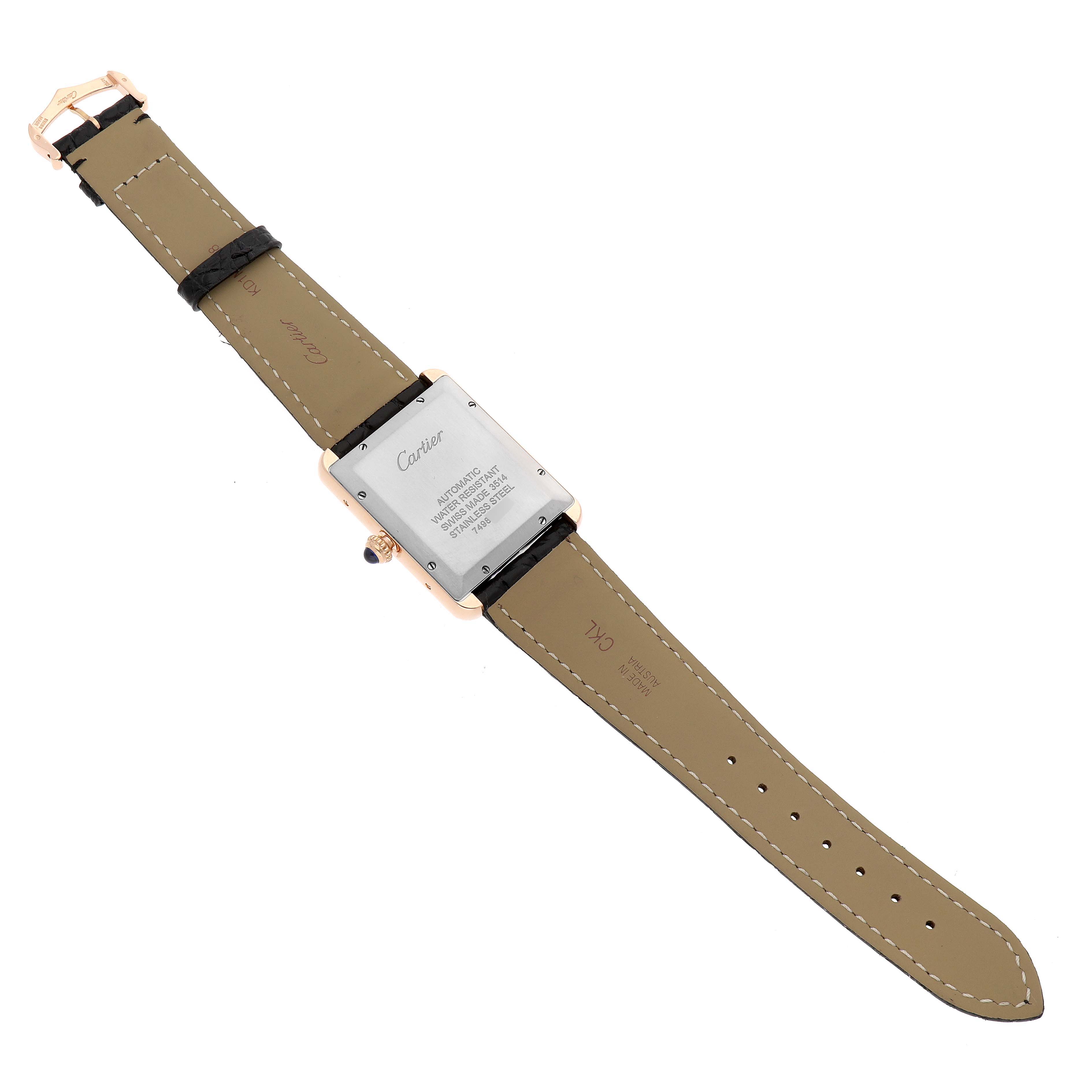 The image shows the back view of a Cartier Tank Solo W5200026 Men's Rose Gold Silver Dial watch, highlighting the case back and leather strap.