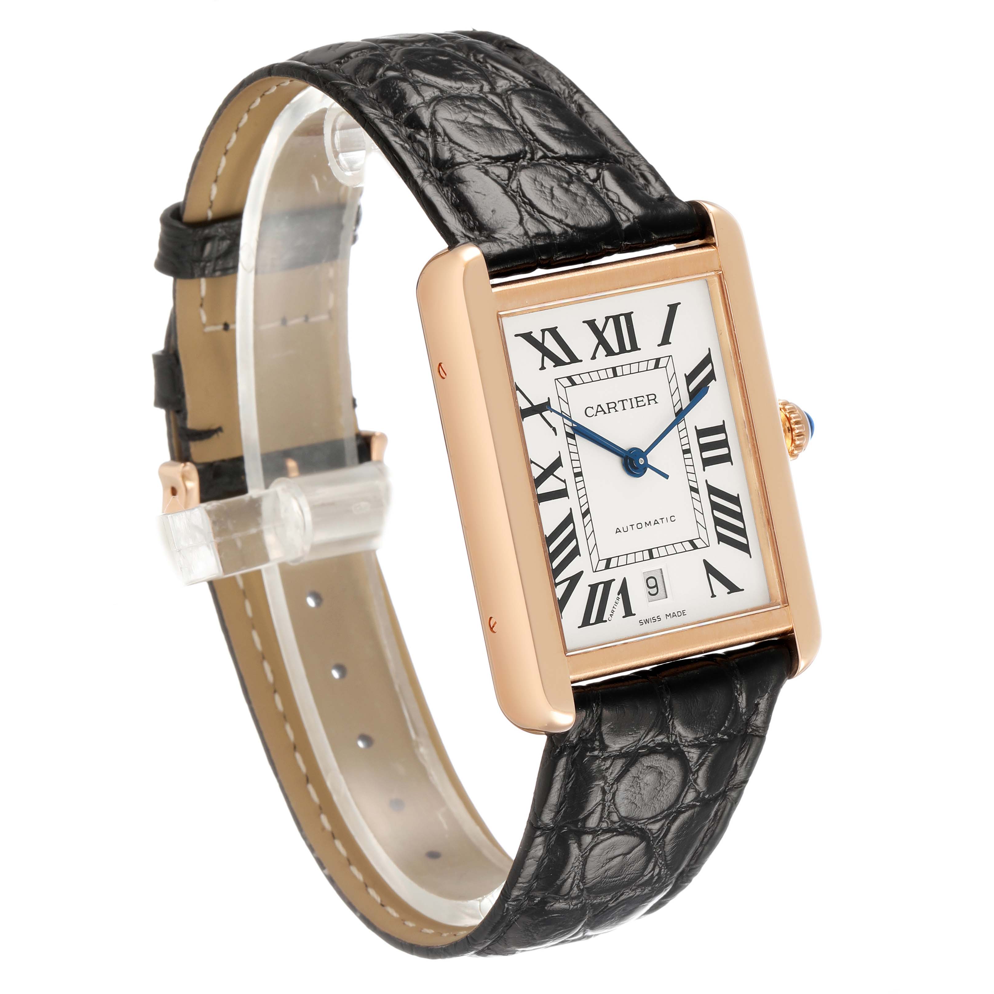 The Cartier Tank Solo W5200026 Men's Rose Gold Silver Dial watch is shown at an angled view, displaying its rectangular face, Roman numerals, and leather strap.