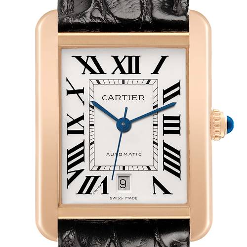 The Cartier Tank Solo W5200026 Men's Rose Gold Silver Dial watch is shown from the front, highlighting its rectangular face, Roman numerals, and leather strap.