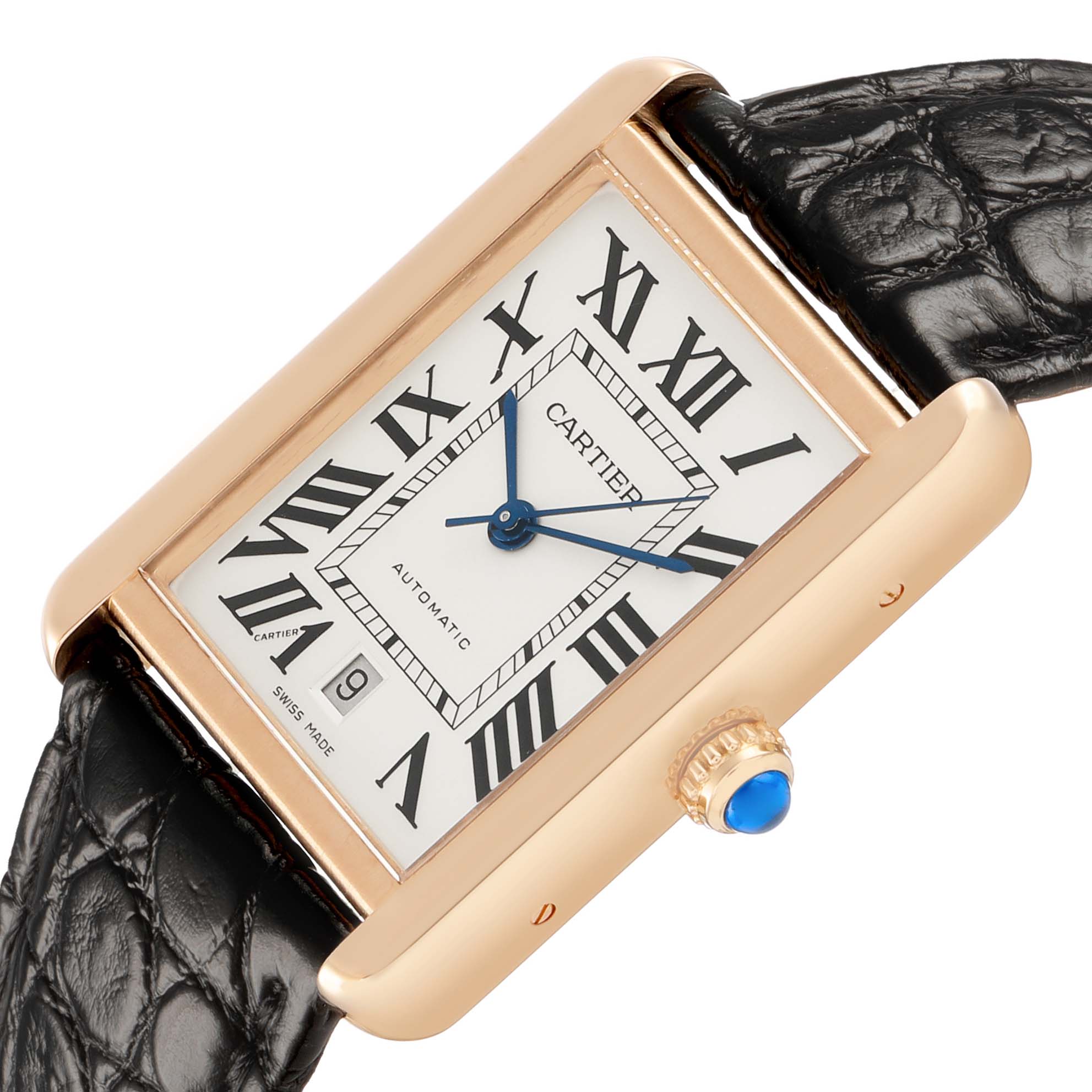 The Cartier Tank Solo W5200026 Men's Rose Gold Silver Dial watch is shown at an angled top view, highlighting its rectangular face, blue hands, Roman numerals, and leather strap.