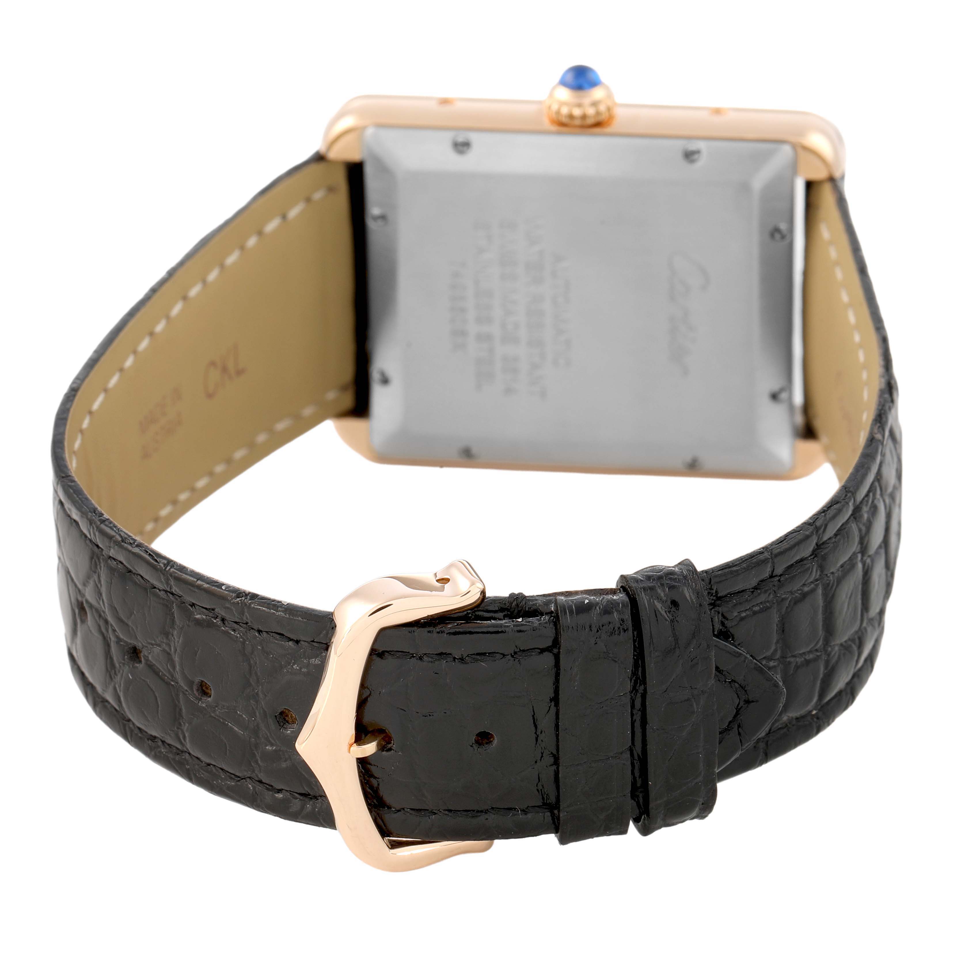 The image shows the back of the Cartier Tank Solo W5200026 Men's Rose Gold Silver Dial watch, highlighting the caseback, buckle, and leather strap.