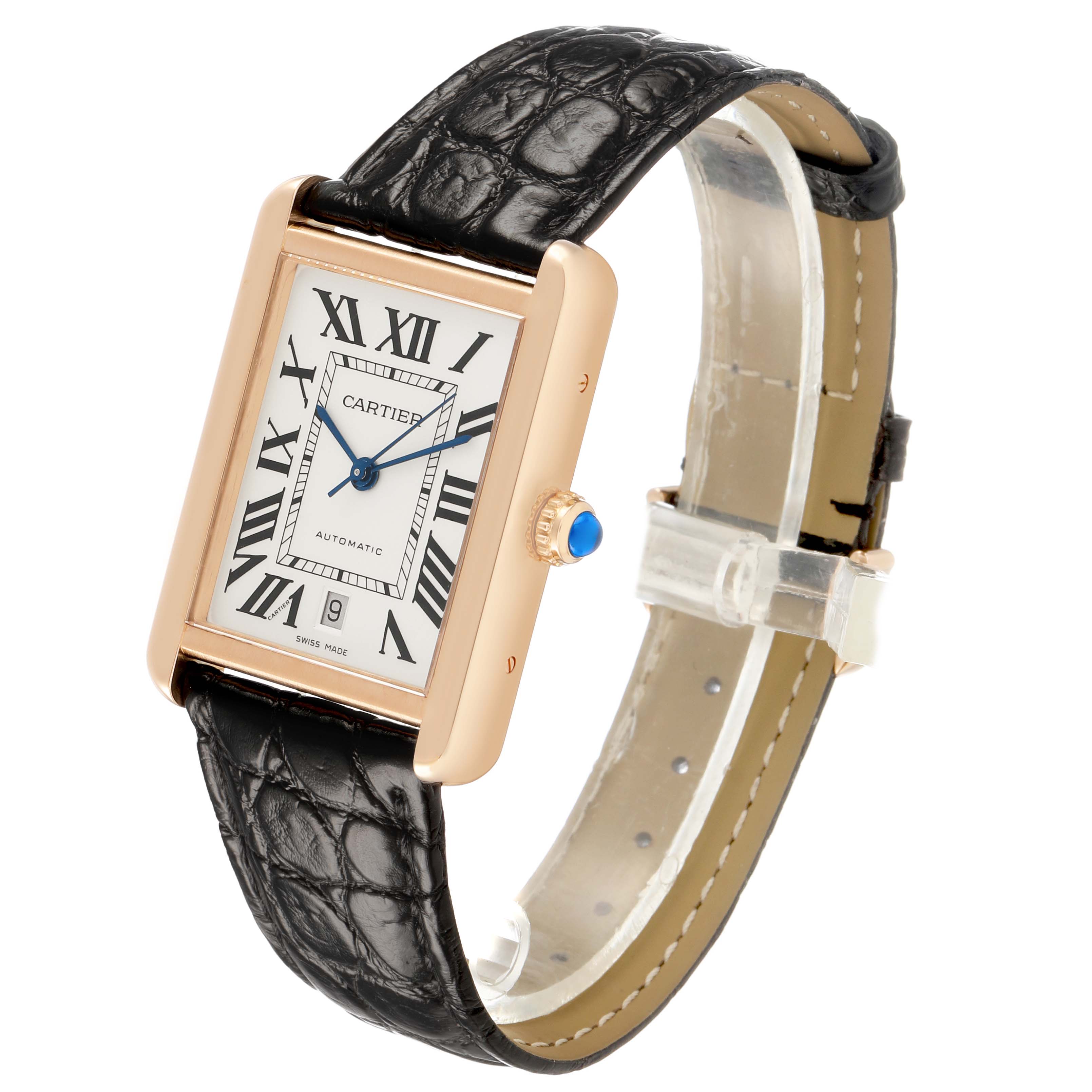 The Cartier Tank Solo W5200026 Men's Rose Gold Silver Dial watch is shown at a three-quarter angle, highlighting its face, crown, and black leather strap.