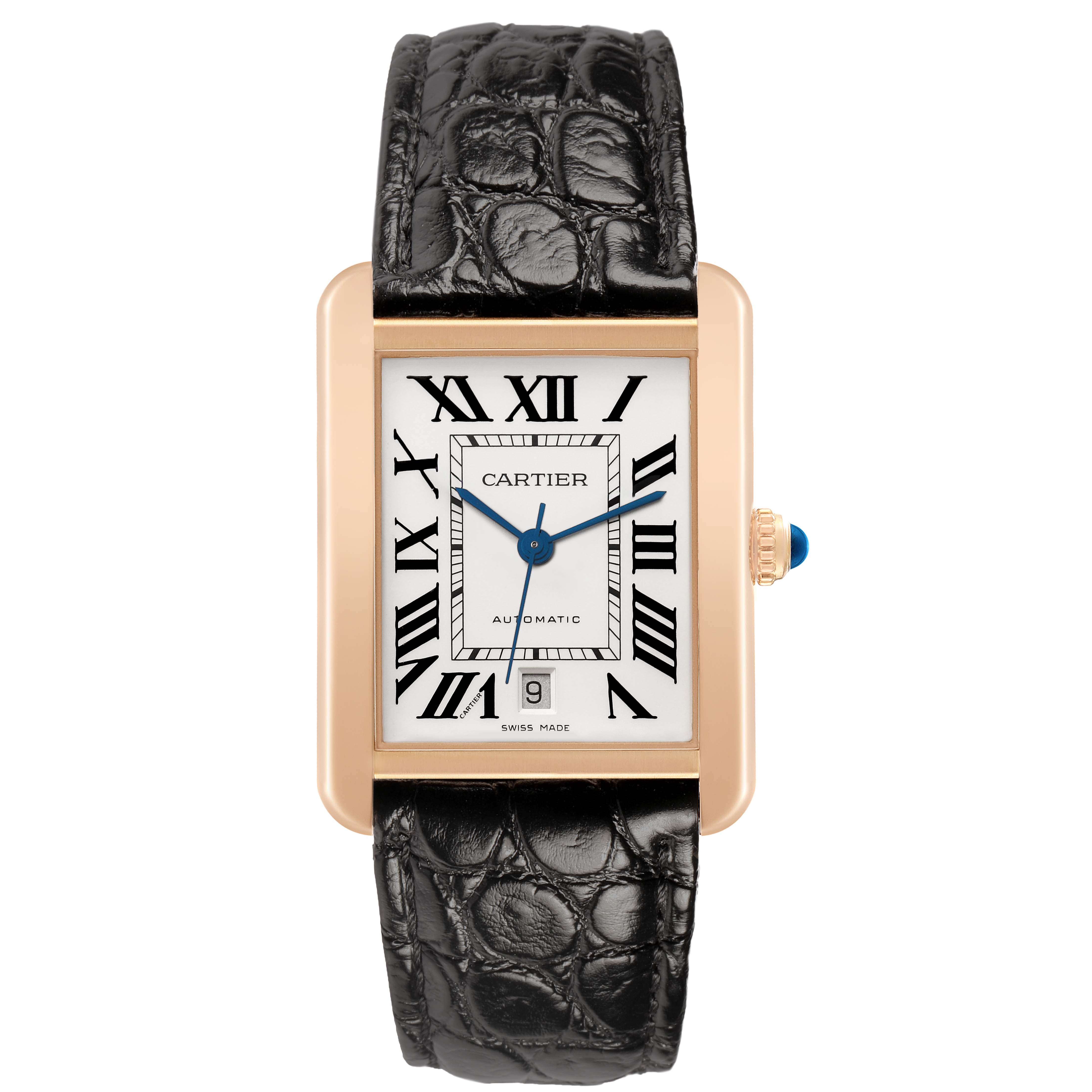 The Cartier Tank Solo W5200026 Men's Rose Gold Silver Dial watch is shown from a front view, displaying the face, straps, and crown in detail.
