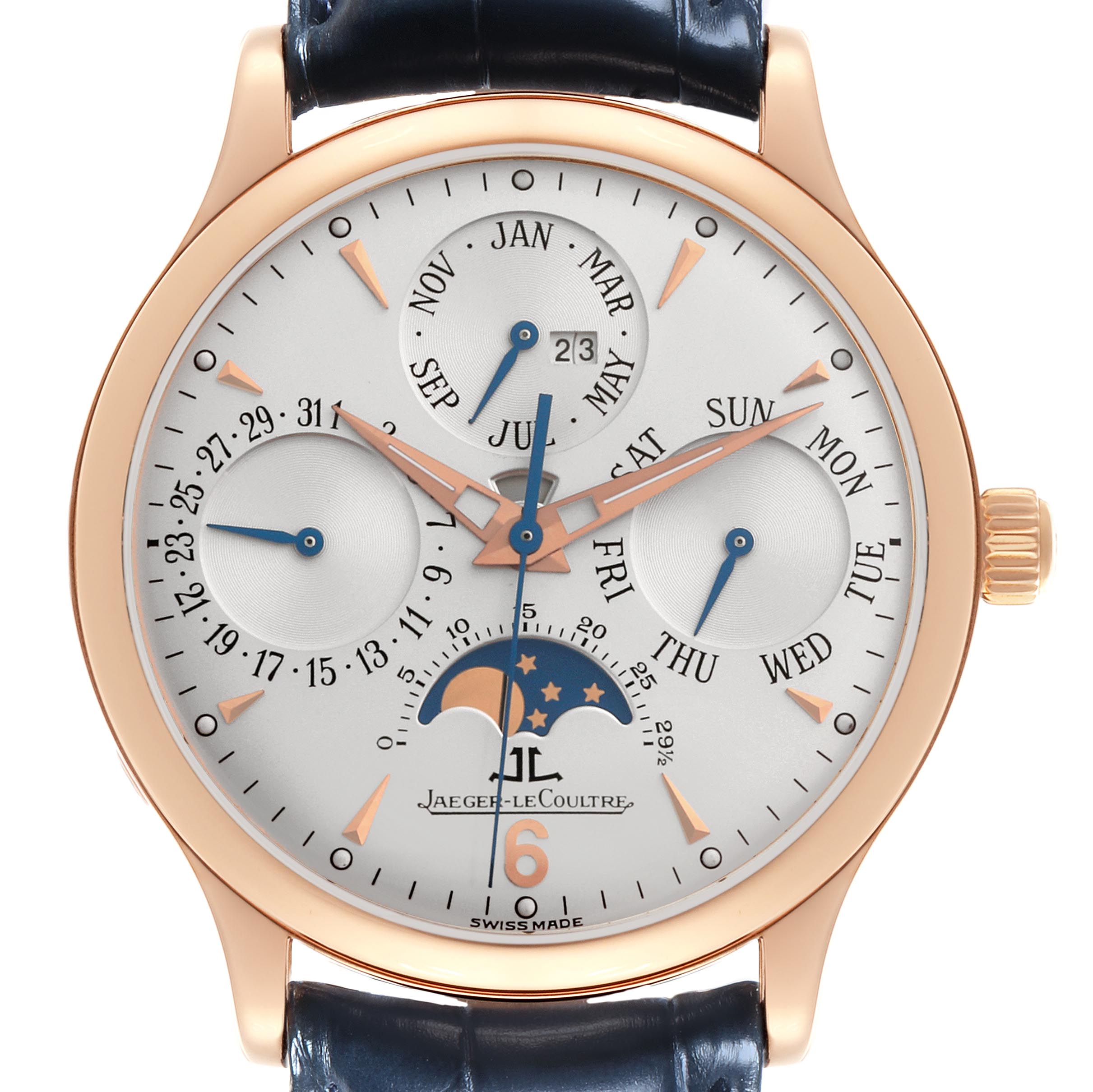 The Jaeger LeCoultre Master Q149242A Men
s Rose Gold Silver Dial Q149242A Men
s Rose Gold Silver Dial watch is shown from the front, displaying its dial with multiple subdials and moon phase.
