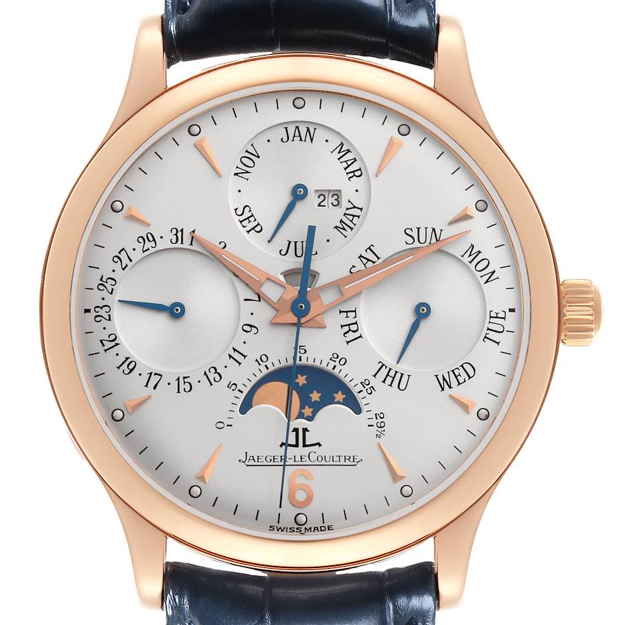 The Jaeger LeCoultre Master watch is shown from the front, displaying its dial with multiple subdials and moon phase.