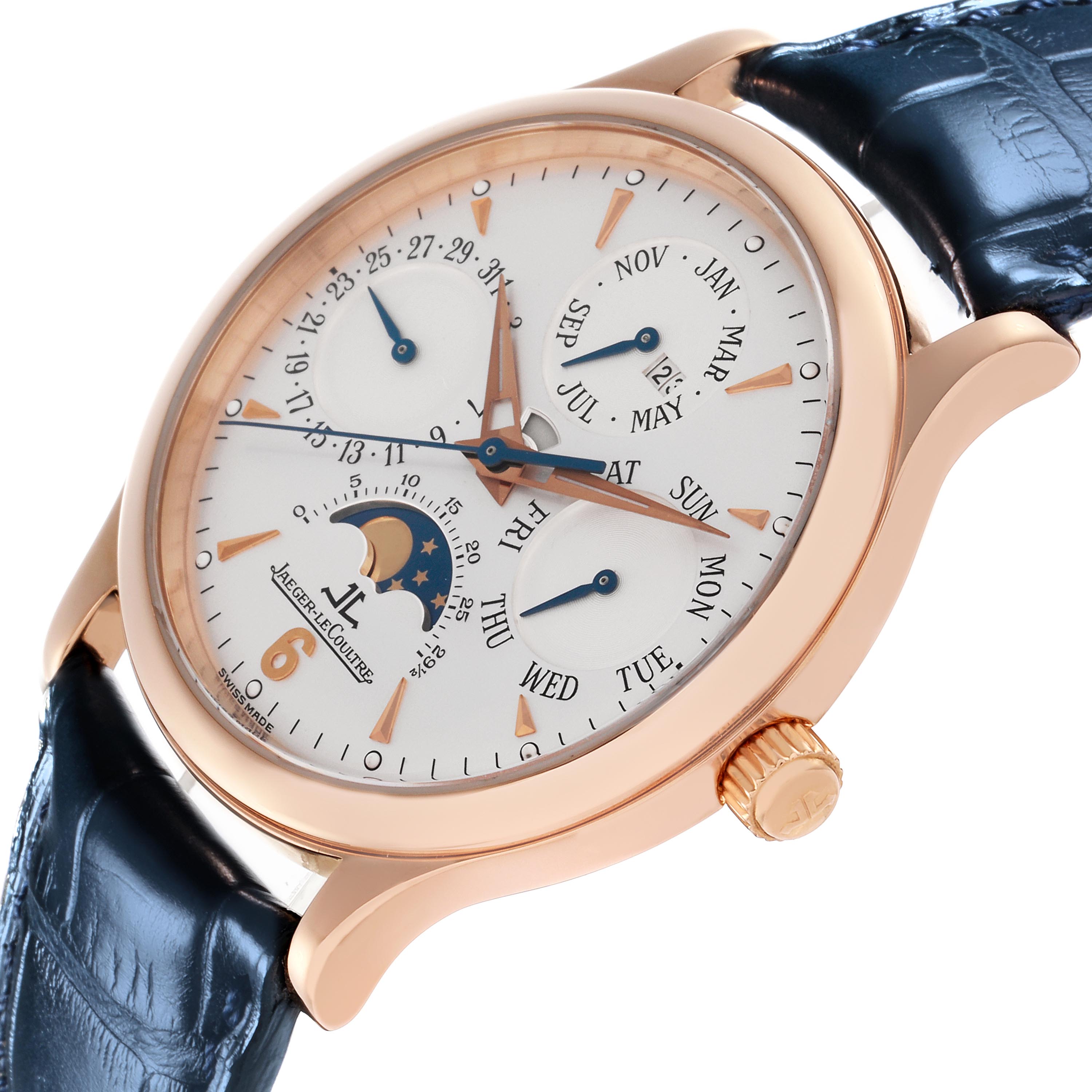 The Jaeger LeCoultre Master Q149242A Men
s Rose Gold Silver Dial Q149242A Men
s Rose Gold Silver Dial watch is shown at a three-quarter angle, highlighting the dial, case, and leather strap.